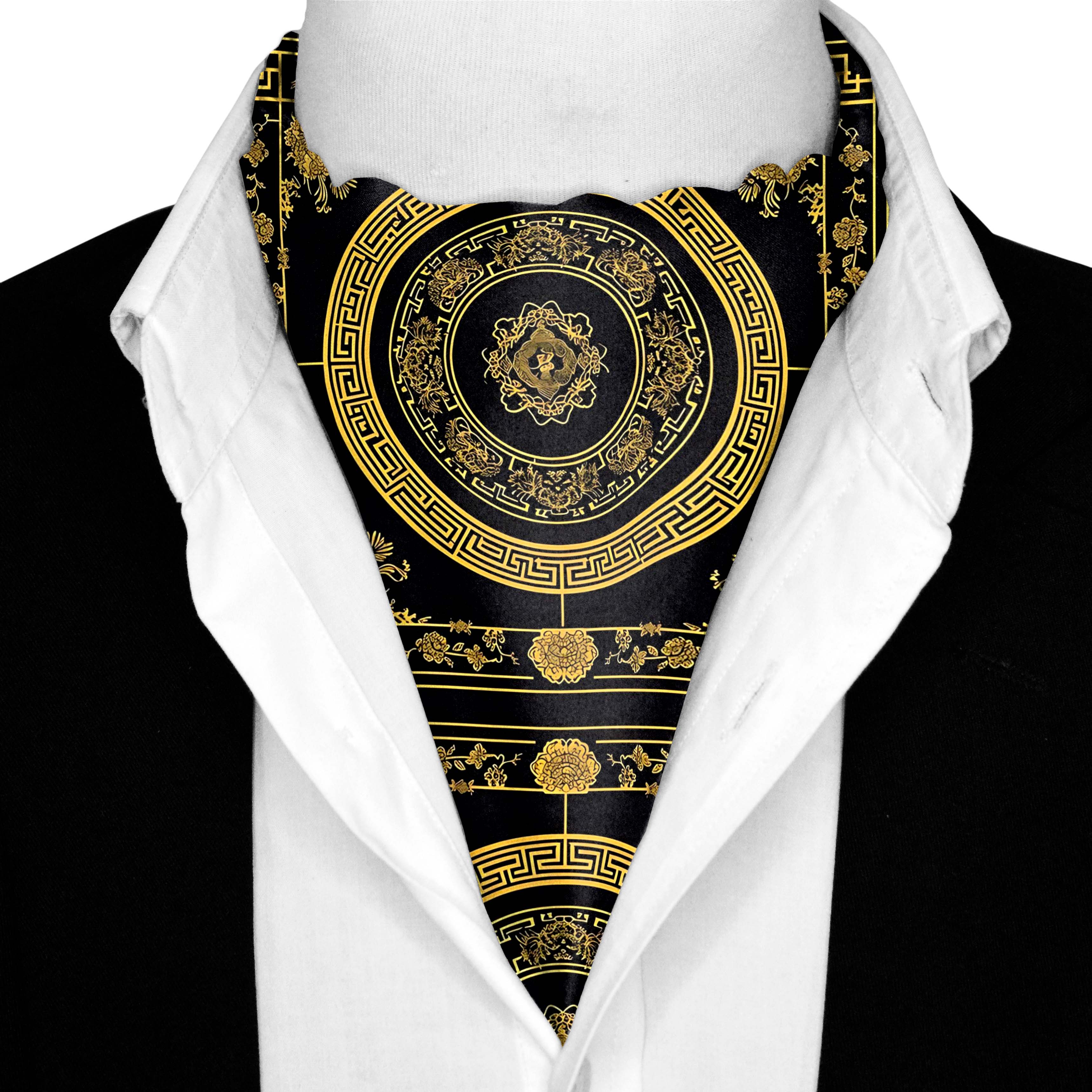 GOLDEN BAROQUE SILK ASCOT AND POCKET SQUARE SET – PREMIUM COLLECTION GOLDEN BAROQUE SILK ASCOT AND POCKET SQUARE SET – PREMIUM COLLECTION