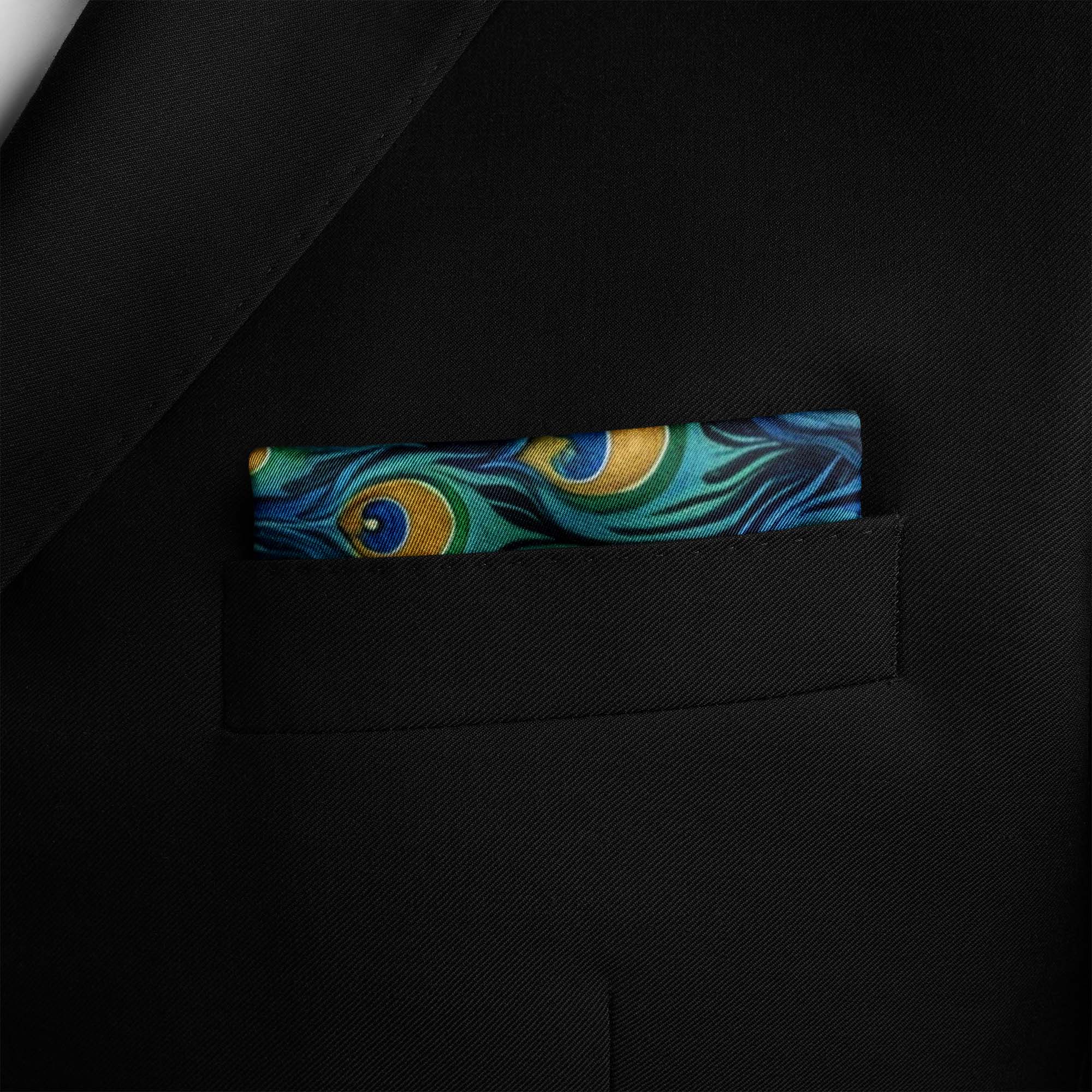A MAJESTIC PEACOCK SILK POCKET SQUARE A MAJESTIC PEACOCK SILK POCKET SQUARE