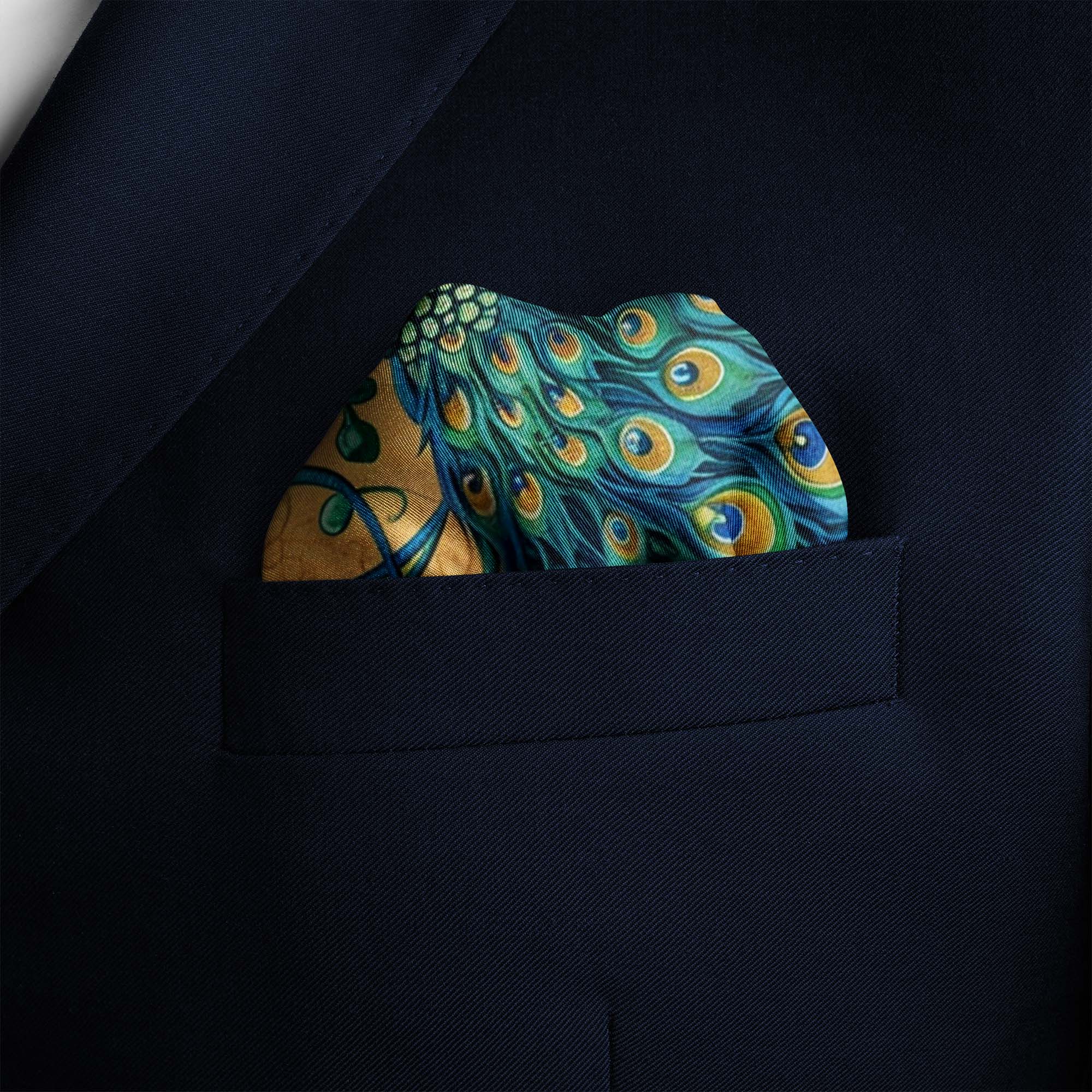 A MAJESTIC PEACOCK SILK POCKET SQUARE A MAJESTIC PEACOCK SILK POCKET SQUARE