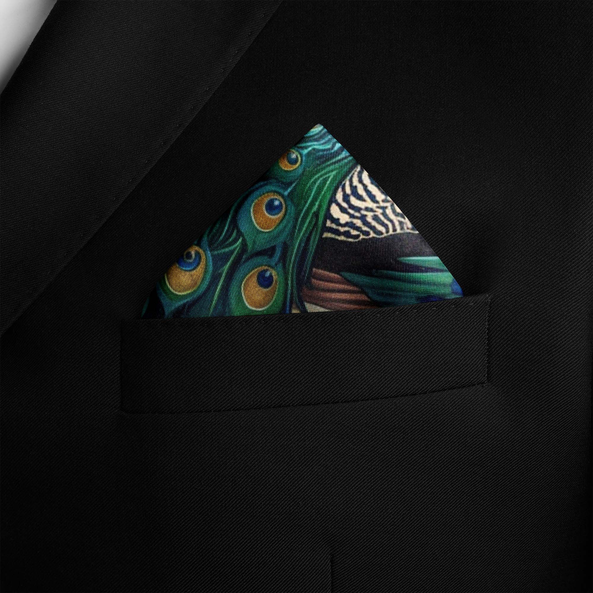 A MAJESTIC PEACOCK SILK POCKET SQUARE A MAJESTIC PEACOCK SILK POCKET SQUARE