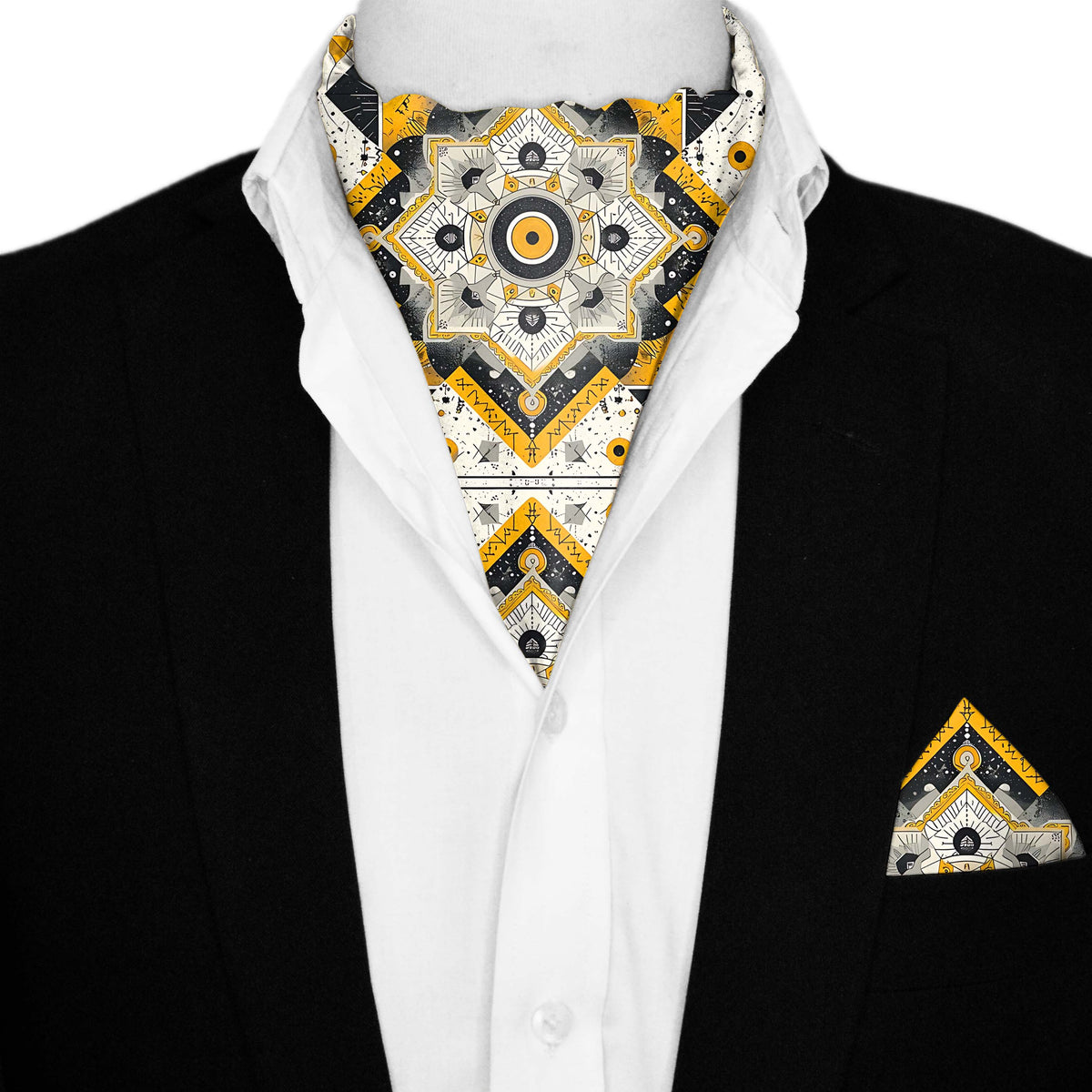 ETHNIC ABSTRACT SILK ASCOT AND POCKET SQUARE SET – PREMIUM COLLECTION