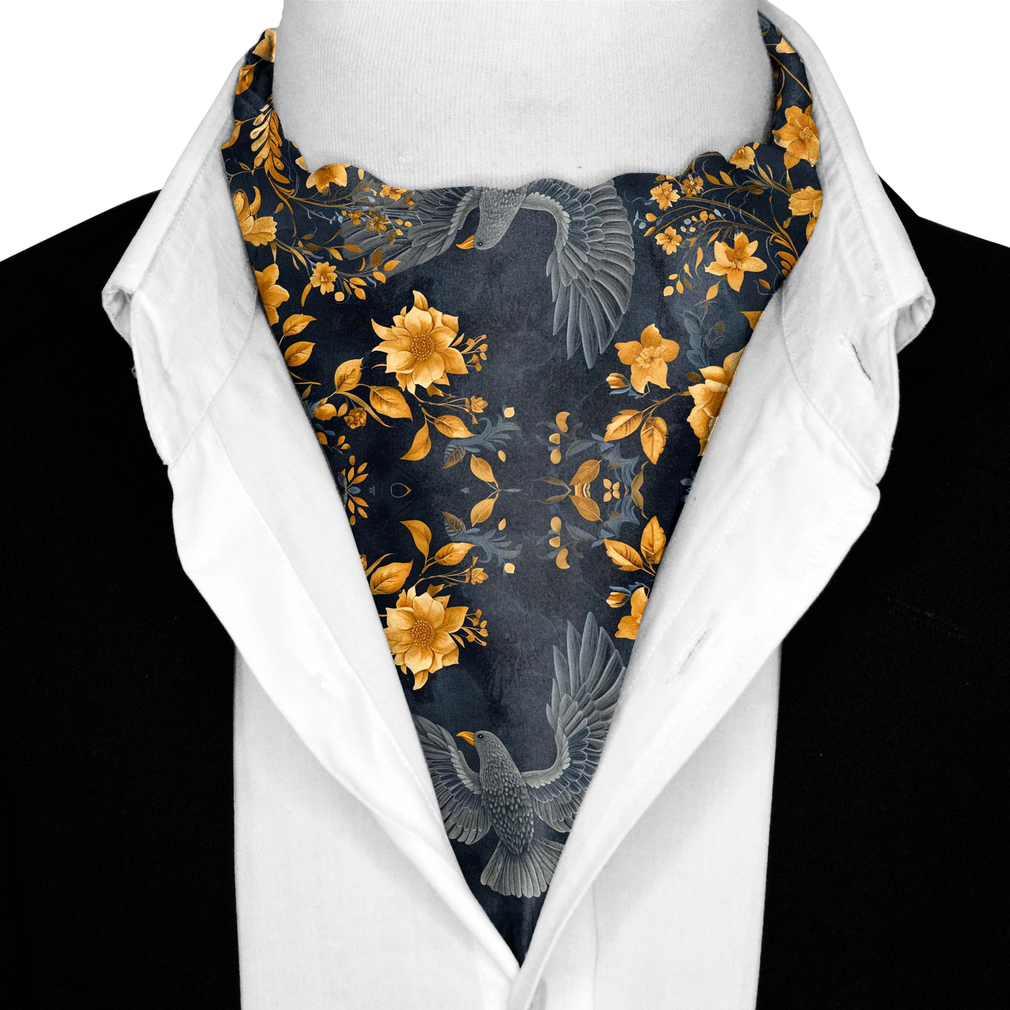 GOLD HUMMING BIRDS SILK ASCOT AND POCKET SQUARE SET – PREMIUM COLLECTION GOLD HUMMING BIRDS SILK ASCOT AND POCKET SQUARE SET – PREMIUM COLLECTION