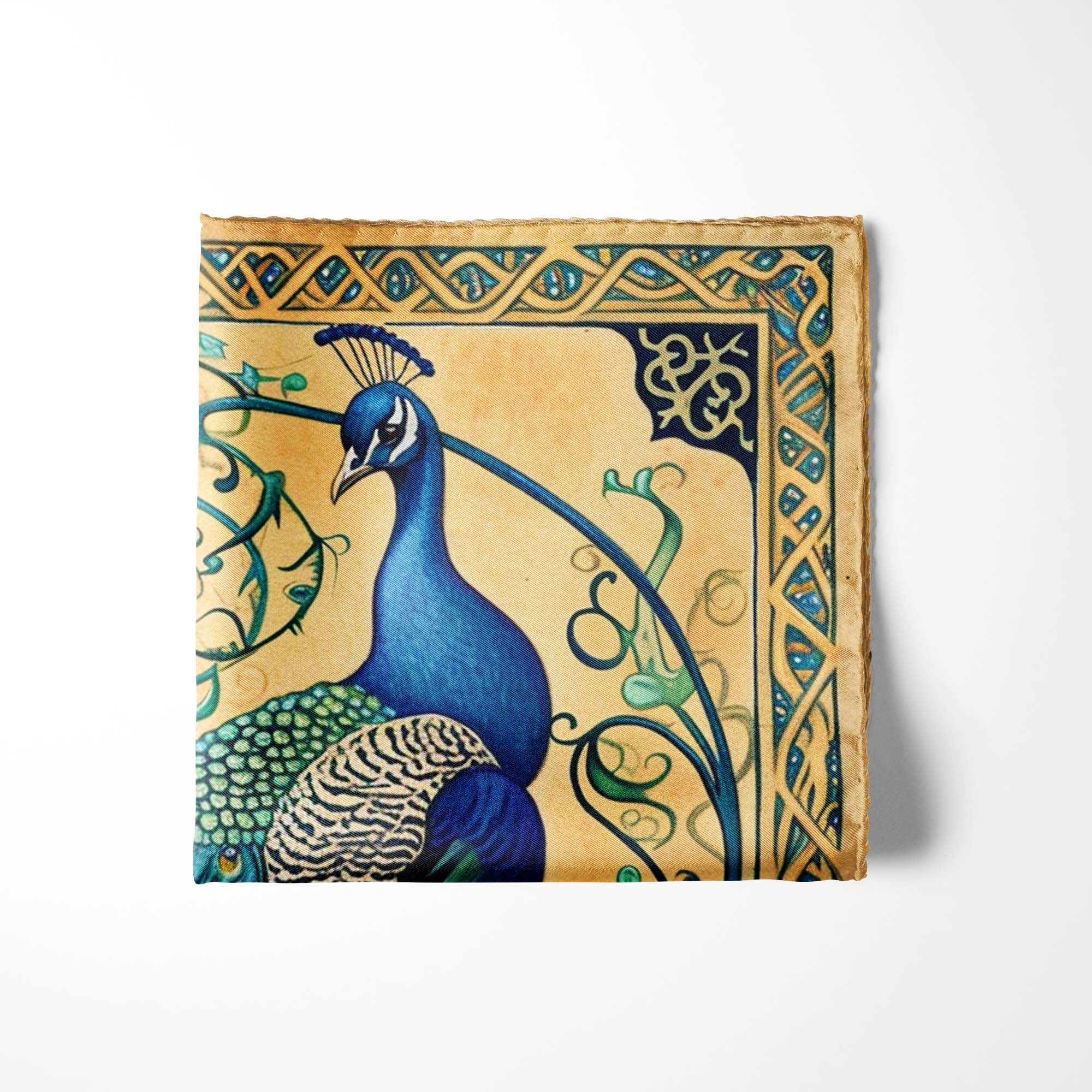 A MAJESTIC PEACOCK SILK POCKET SQUARE A MAJESTIC PEACOCK SILK POCKET SQUARE