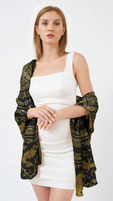Imperial Dragon Silk Scarf – Black & Gold Long Ladies Scarf