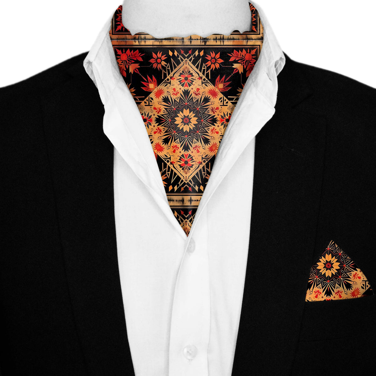 FLORAL ETHNIC ORIENTAL SILK ASCOT AND POCKET SQUARE SET – PREMIUM COLLECTION