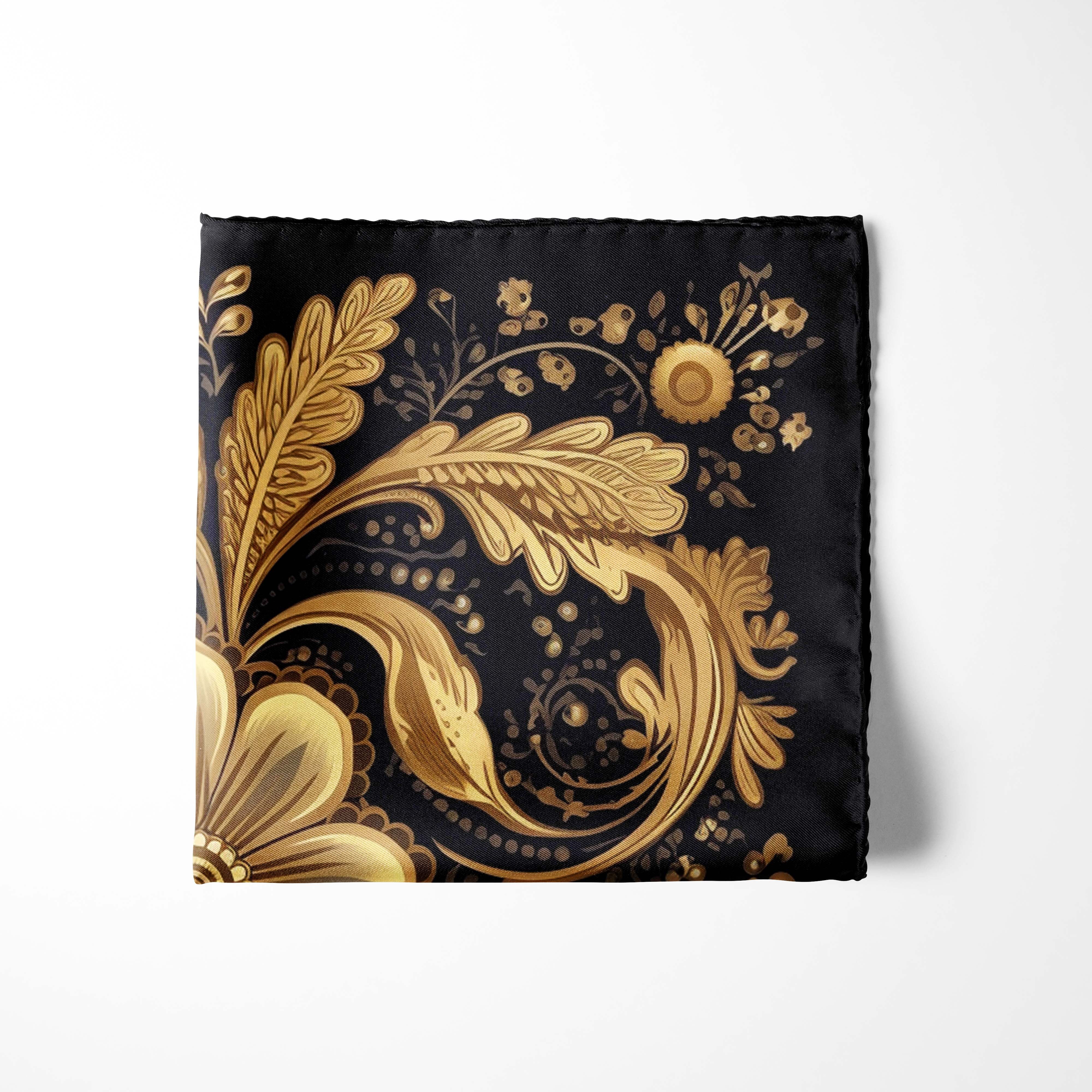 WILLIAM MORRISS GOLD AND BLACK SILK POCKET SQUARE WILLIAM MORRISS GOLD AND BLACK SILK POCKET SQUARE