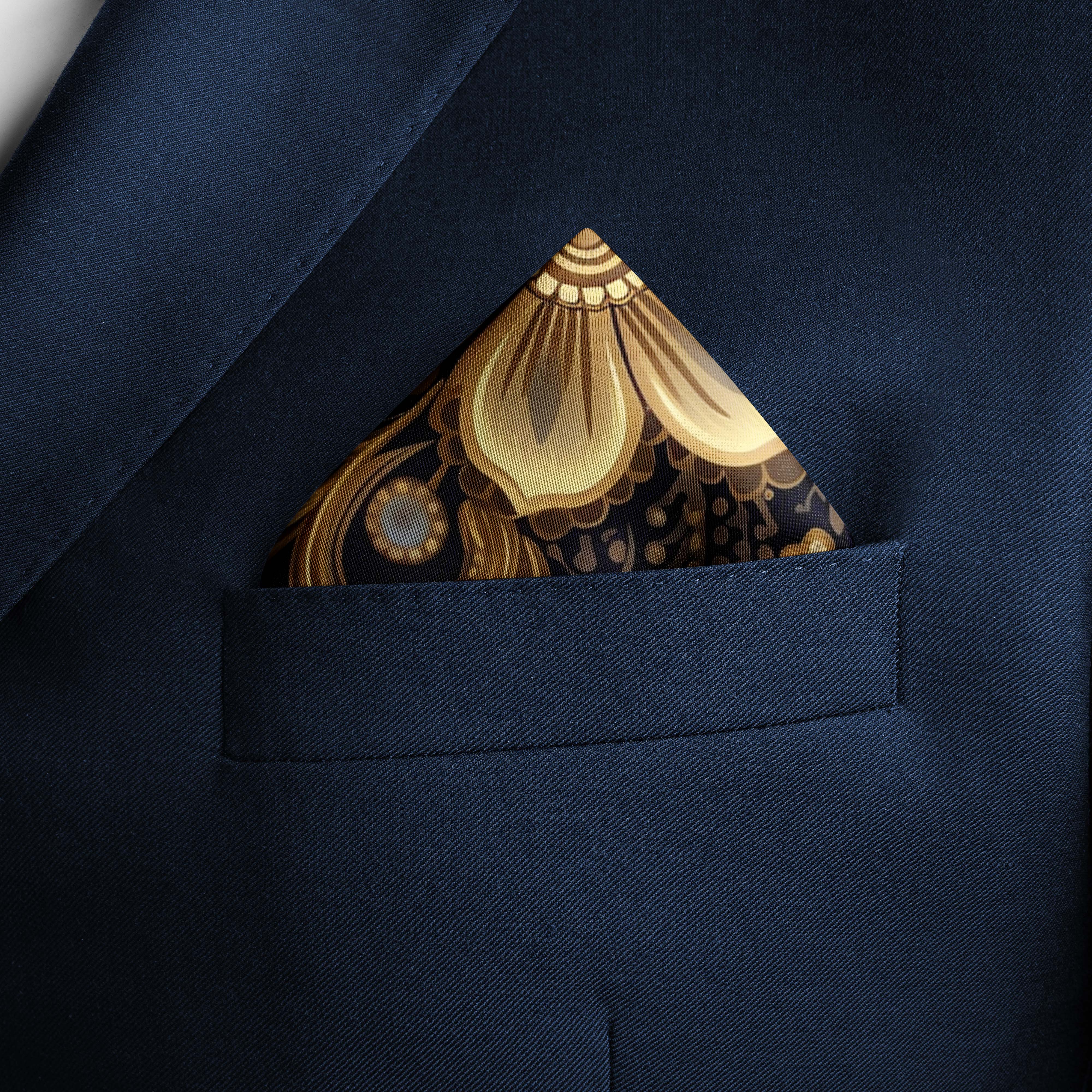 WILLIAM MORRISS GOLD AND BLACK SILK POCKET SQUARE WILLIAM MORRISS GOLD AND BLACK SILK POCKET SQUARE