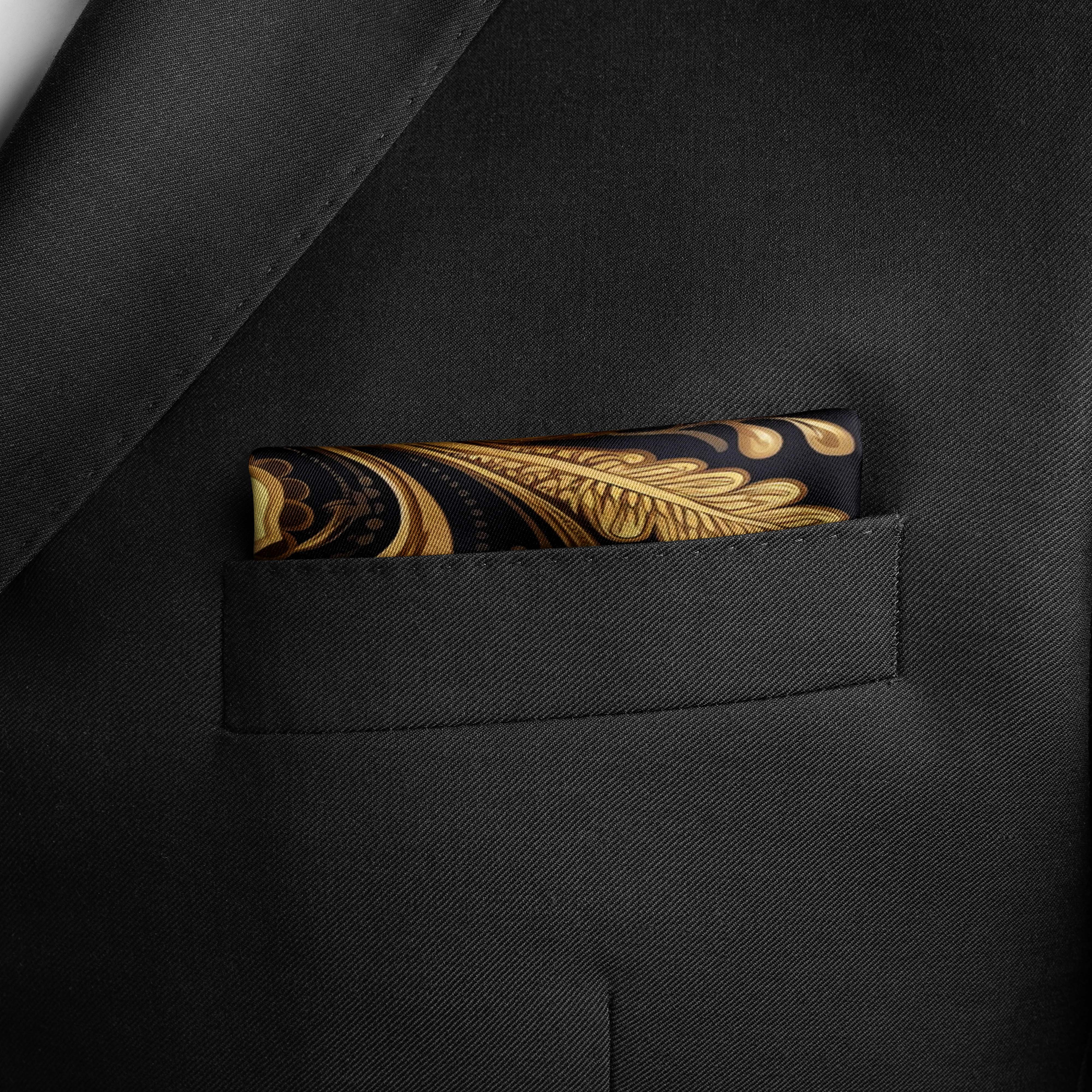 WILLIAM MORRISS GOLD AND BLACK SILK POCKET SQUARE WILLIAM MORRISS GOLD AND BLACK SILK POCKET SQUARE