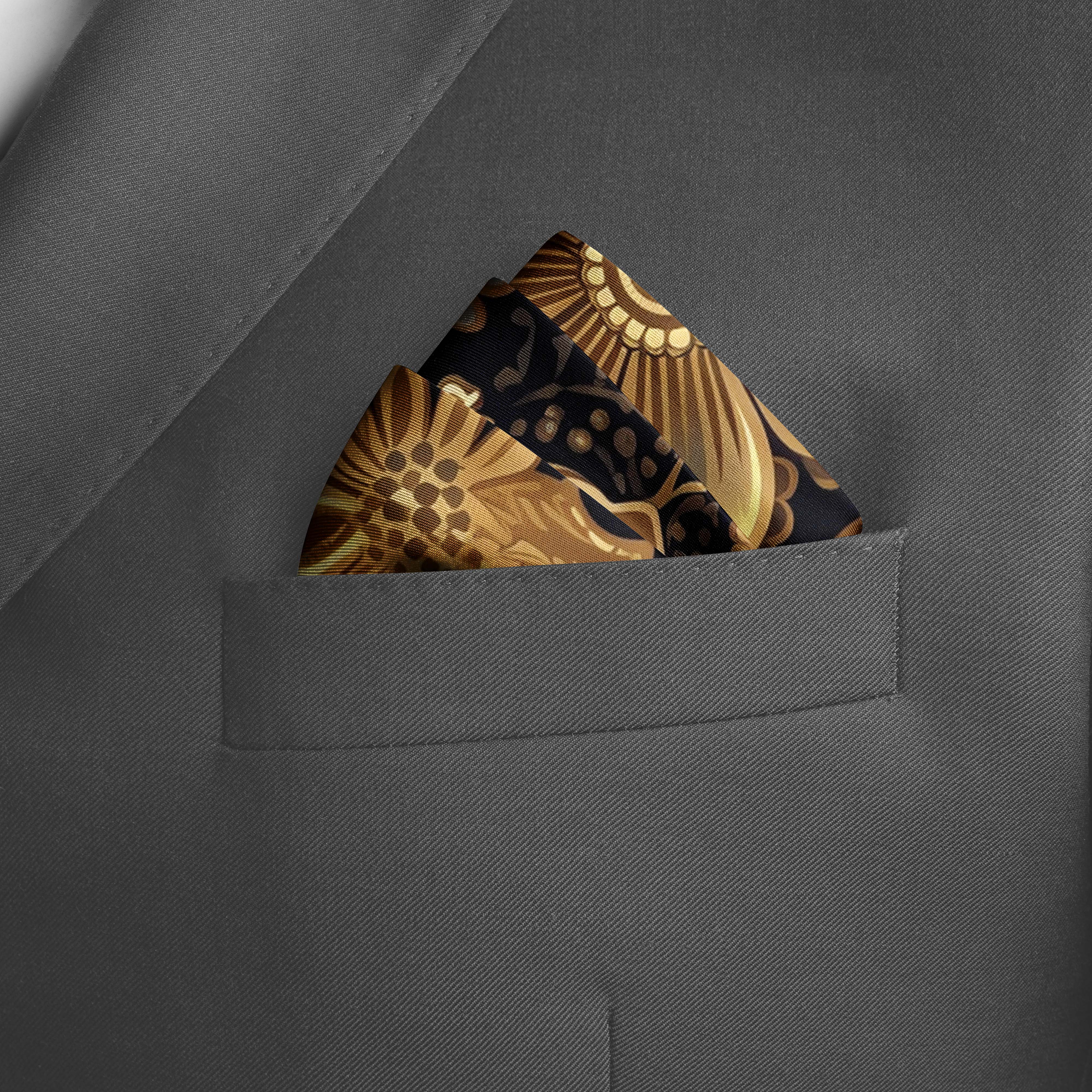 WILLIAM MORRISS GOLD AND BLACK SILK POCKET SQUARE WILLIAM MORRISS GOLD AND BLACK SILK POCKET SQUARE