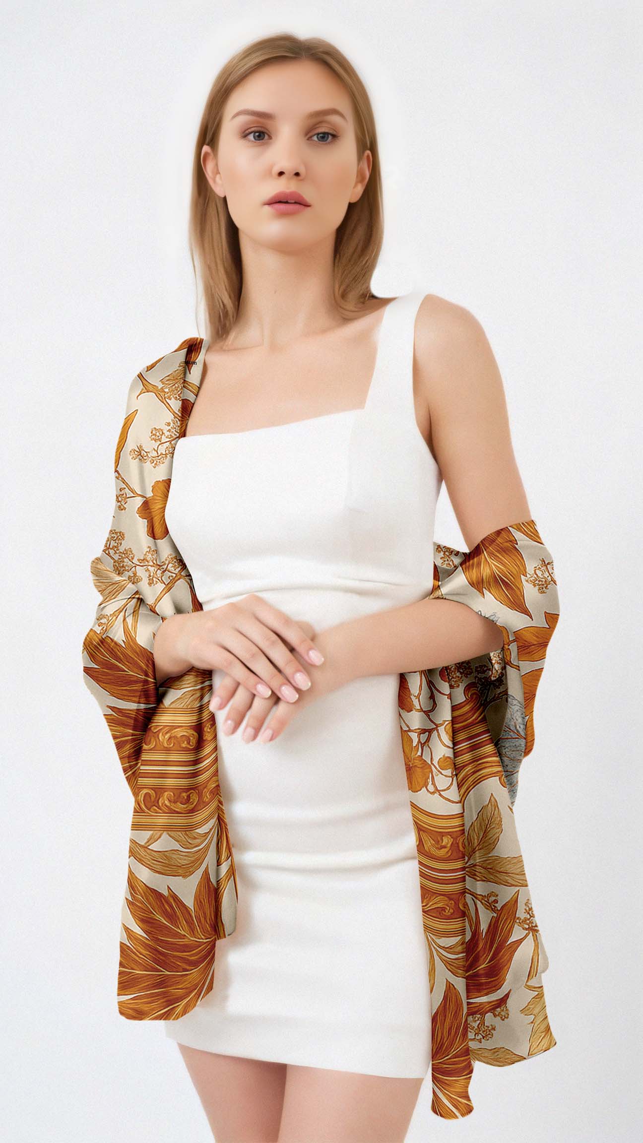 GOLDEN FOLIAGE SILK LONG LADIES SCARF GOLDEN FOLIAGE SILK LONG LADIES SCARF