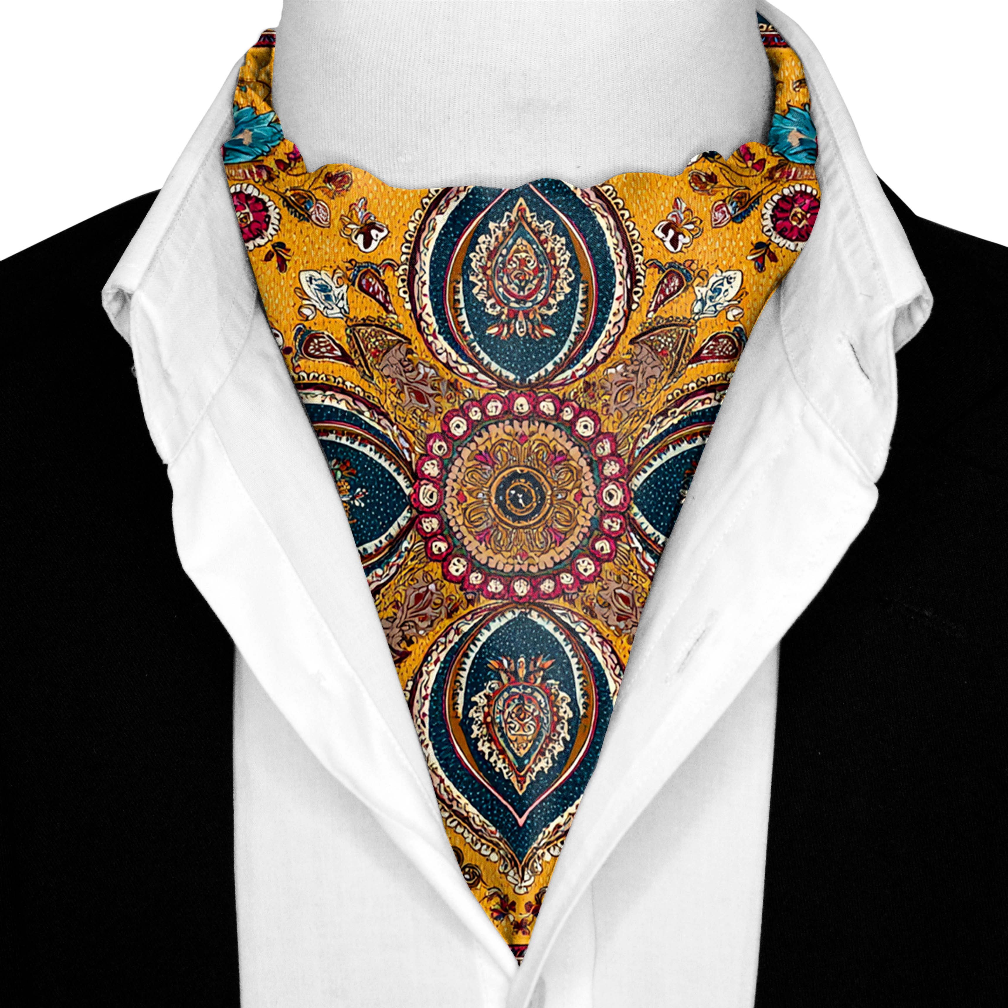 MARIGOLD BLOOM SILK ASCOT AND POCKET SQUARE SET – PREMIUM COLLECTION MARIGOLD BLOOM SILK ASCOT AND POCKET SQUARE SET – PREMIUM COLLECTION