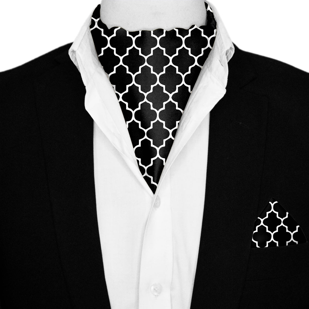 SILVER GEOMETRIC  SILK ASCOT AND POCKET SQUARE SET – PREMIUM COLLECTION