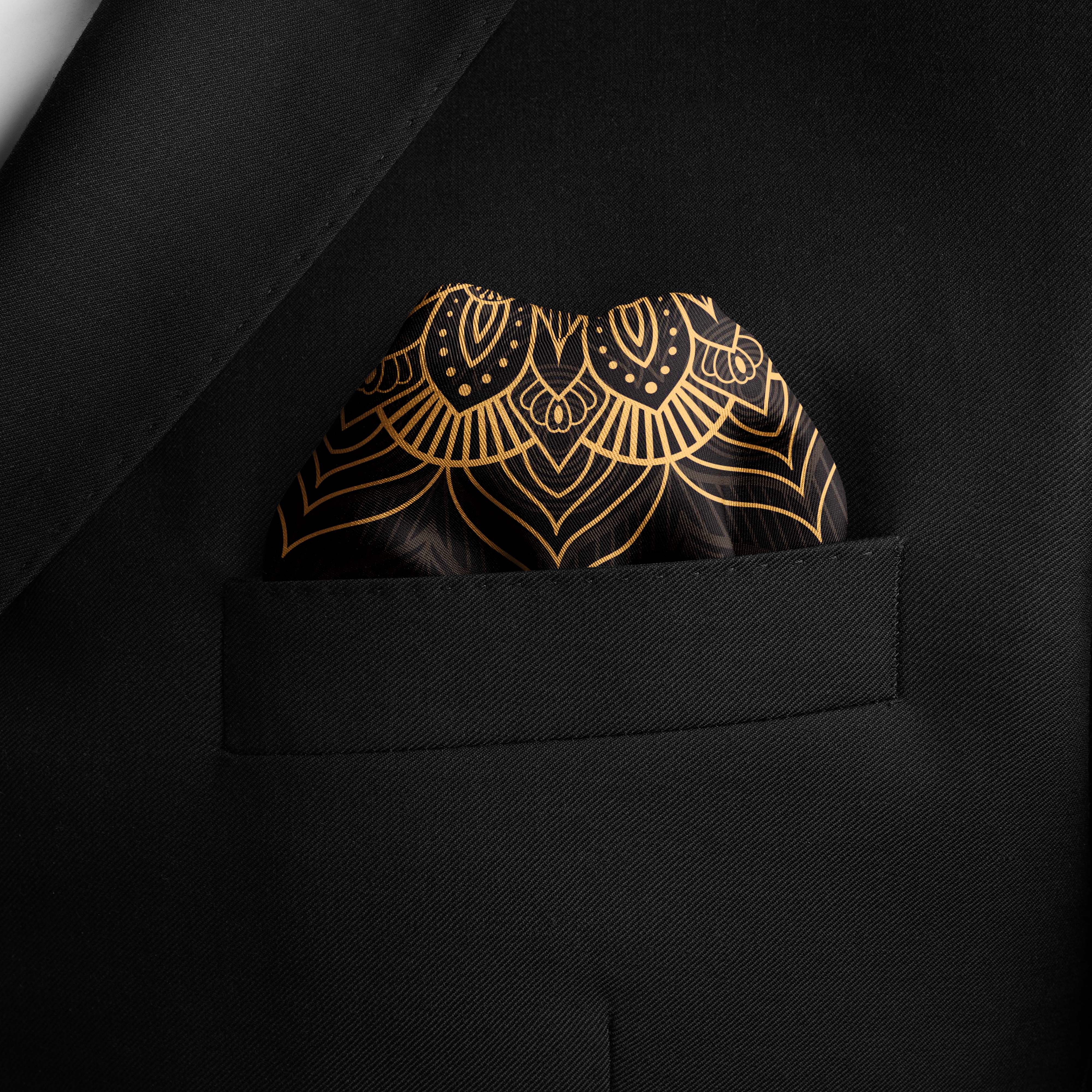 BLACK  AND GOLD ORNAMENT SILK POCKET SQUARE BLACK  AND GOLD ORNAMENT SILK POCKET SQUARE