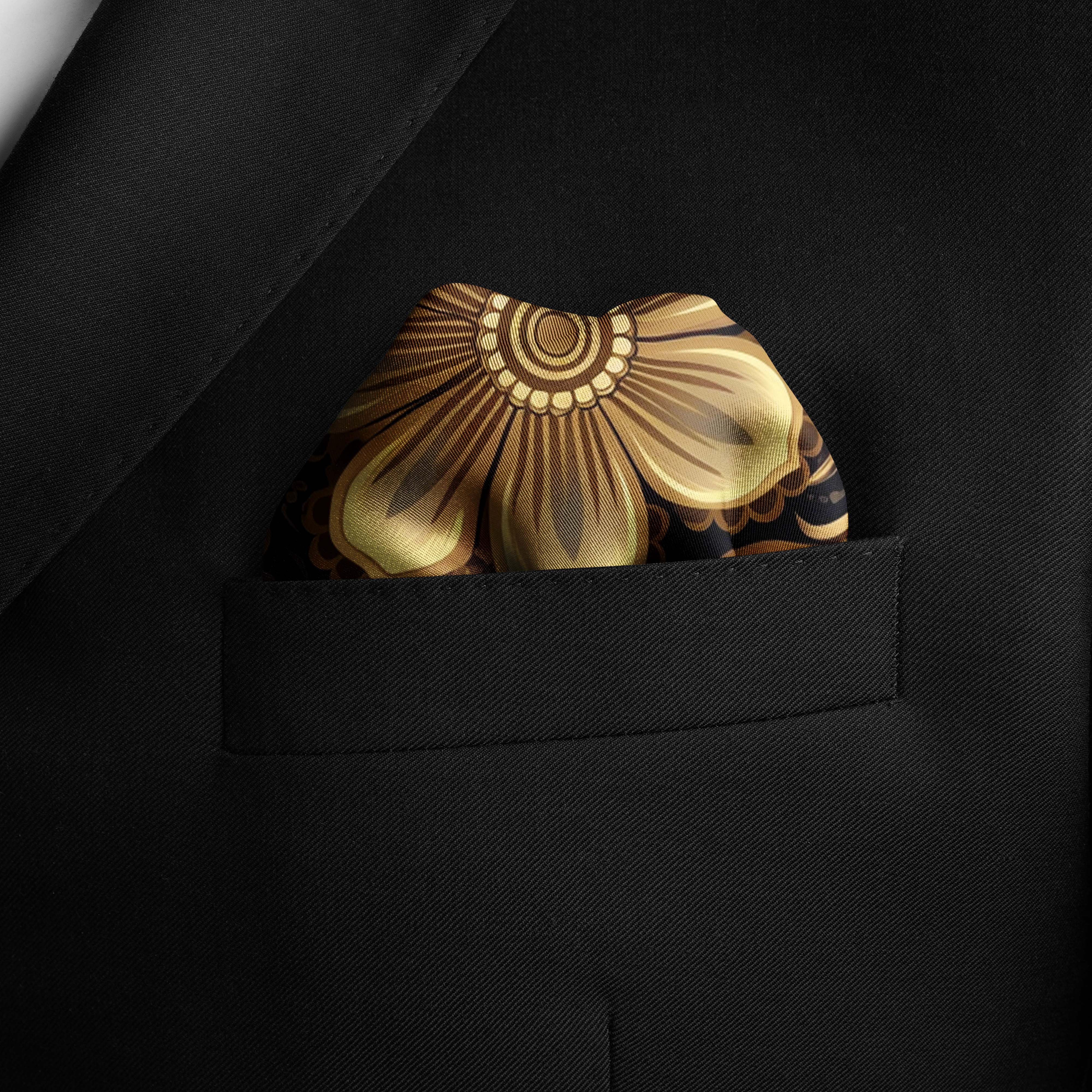 WILLIAM MORRISS GOLD AND BLACK SILK POCKET SQUARE WILLIAM MORRISS GOLD AND BLACK SILK POCKET SQUARE