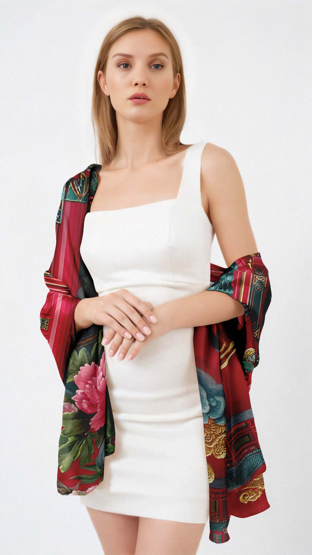 CRIMSON DYNASTY GARDEN SILK LONG LADIES SCARF