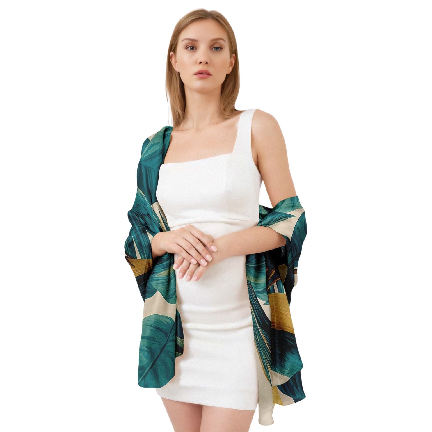 TURQUOISE BOTANICAL SILK LONG LADIES SCARF