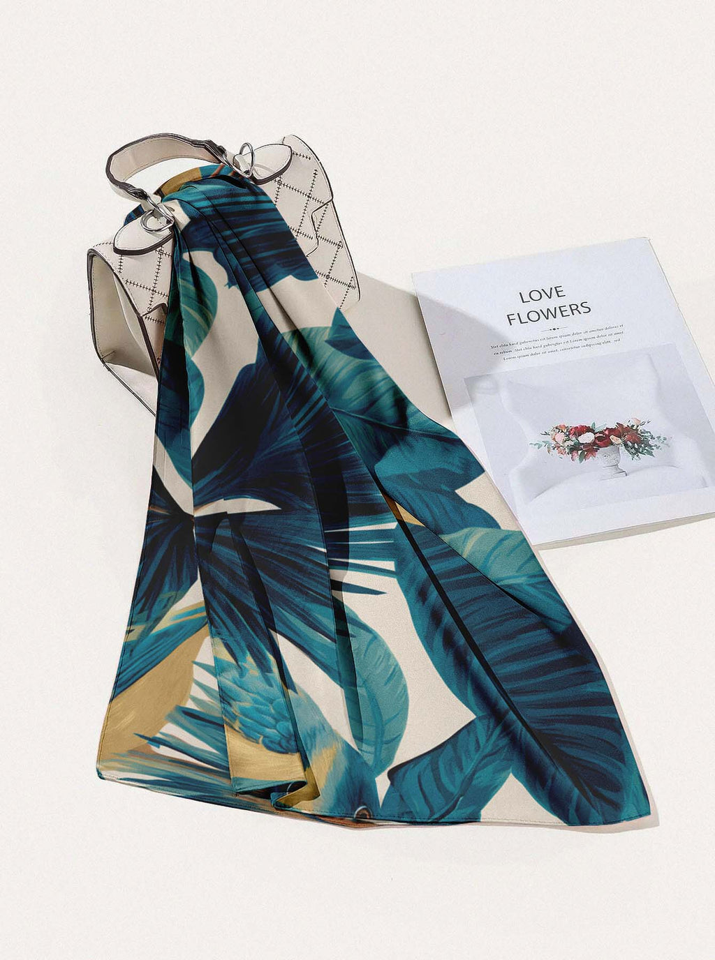 TURQUOISE BOTANICAL SILK HEAD SCARF