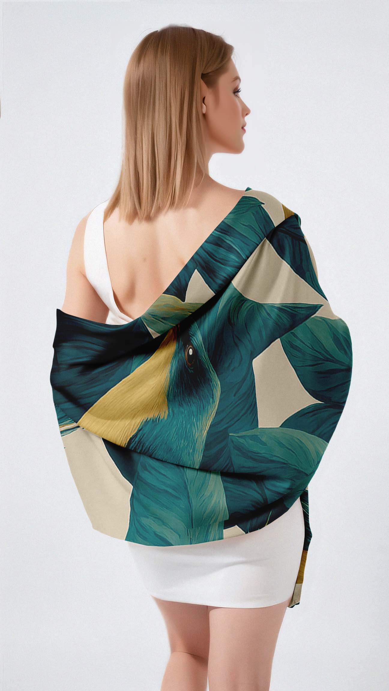 TURQUOISE BOTANICAL SILK LONG LADIES SCARF