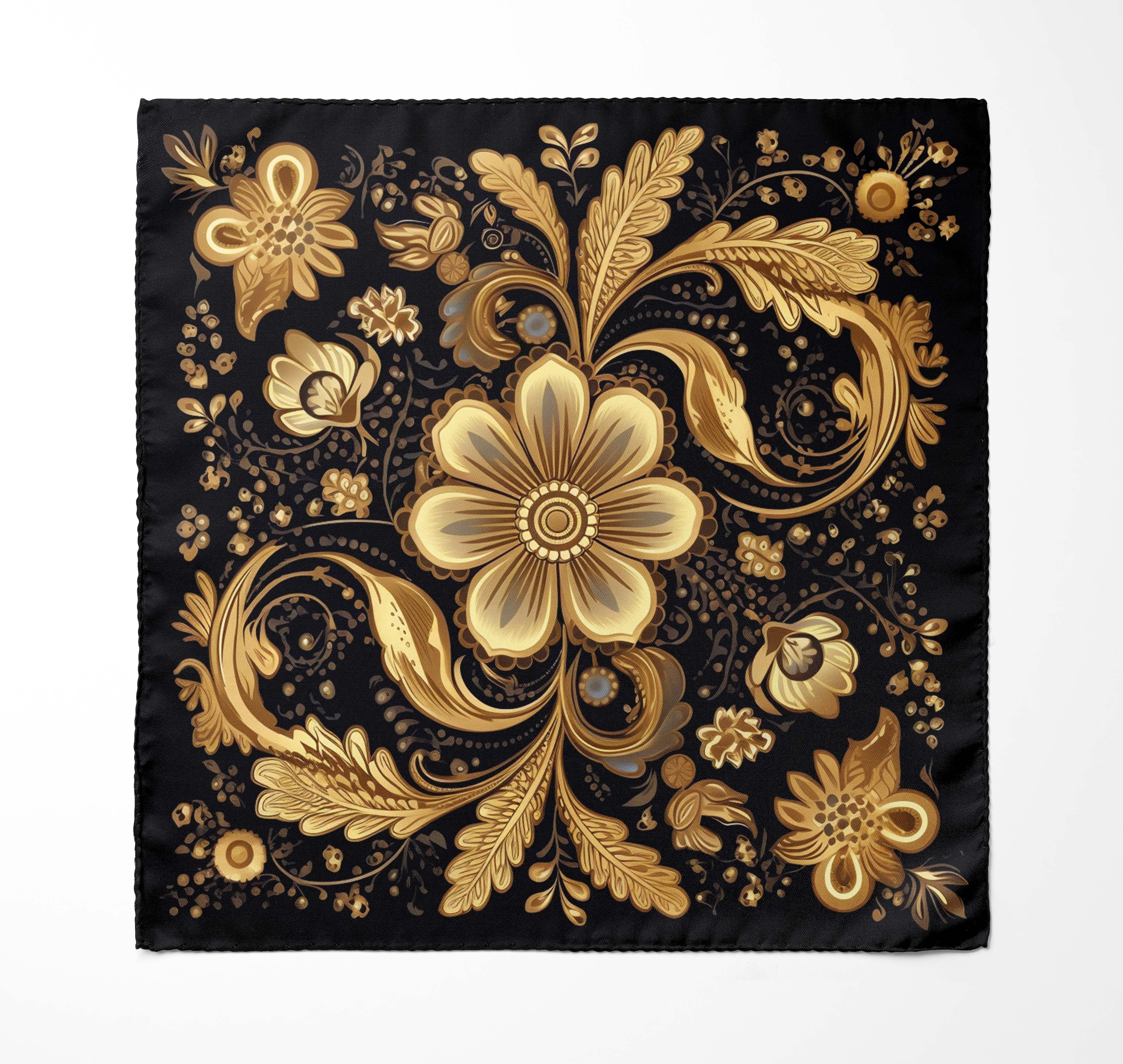 WILLIAM MORRISS GOLD AND BLACK SILK ASCOT WITH LAPEL PIN AND POCKET SQUARE