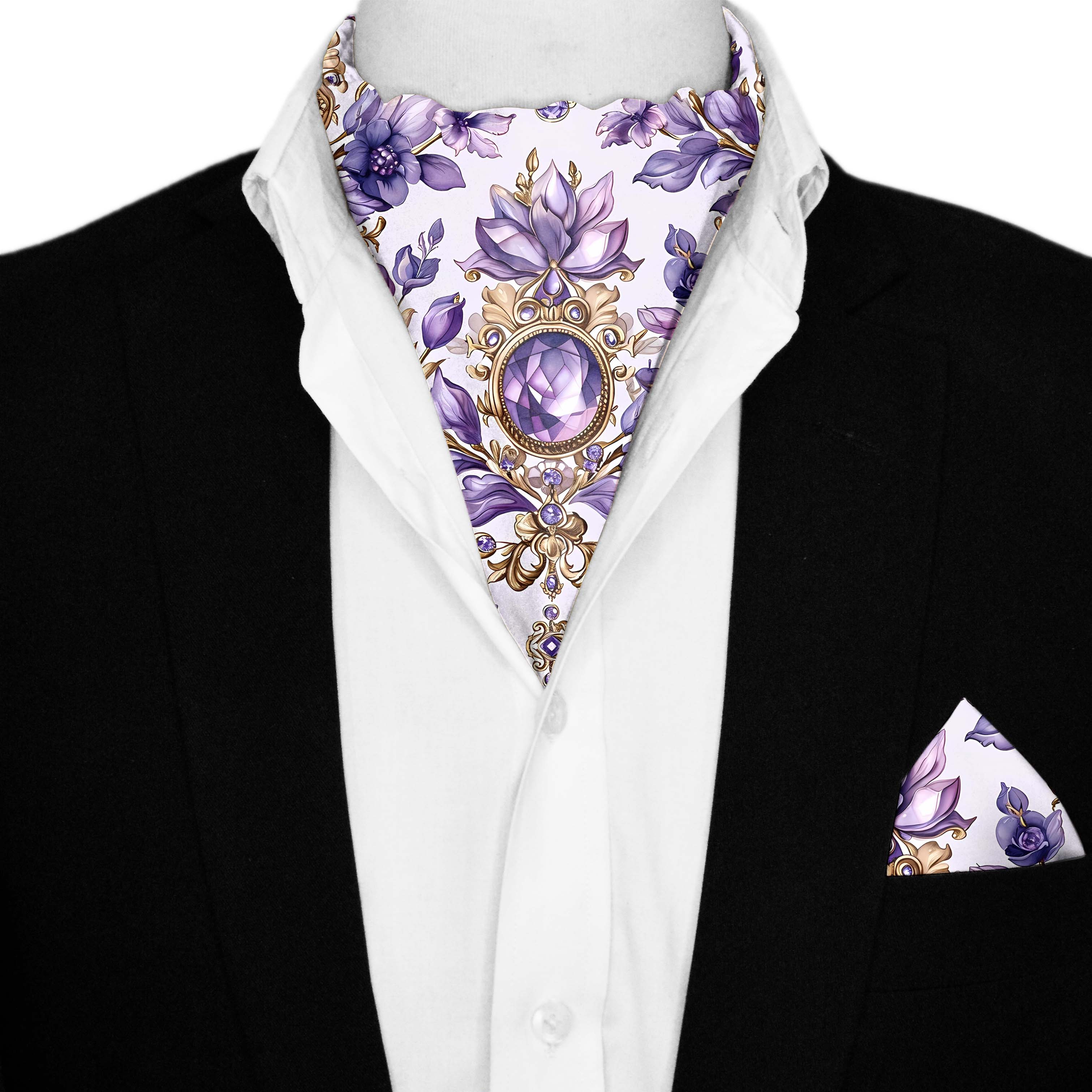 LISIANTHUS FLOWERS SILK ASCOT AND POCKET SQUARE SET – PREMIUM COLLECTION