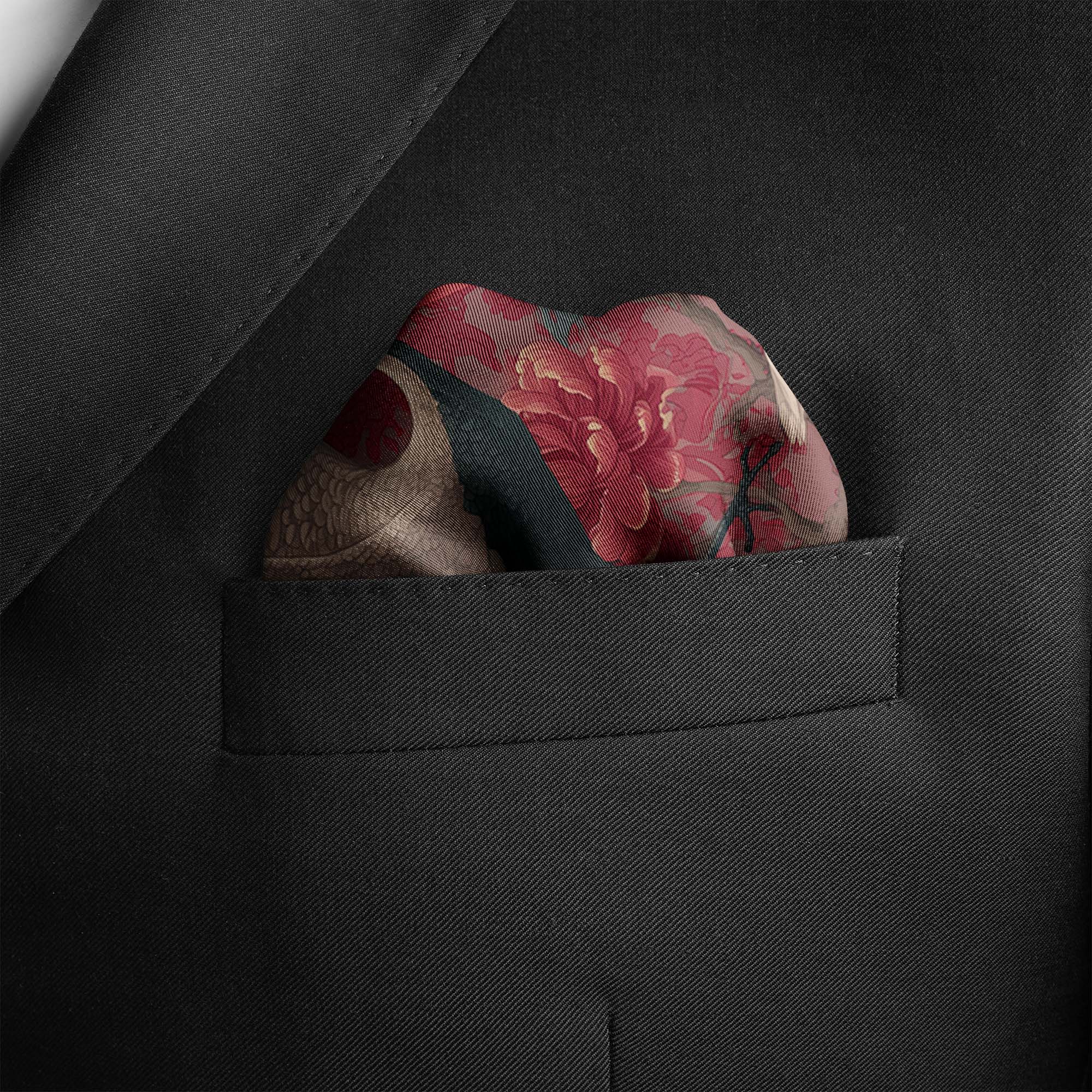 CLASSIC CHINESE CRANES SILK POCKET SQUARE