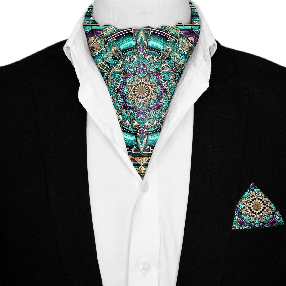 NEON MANDALA SILK ASCOT AND POCKET SQUARE SET – PREMIUM COLLECTION