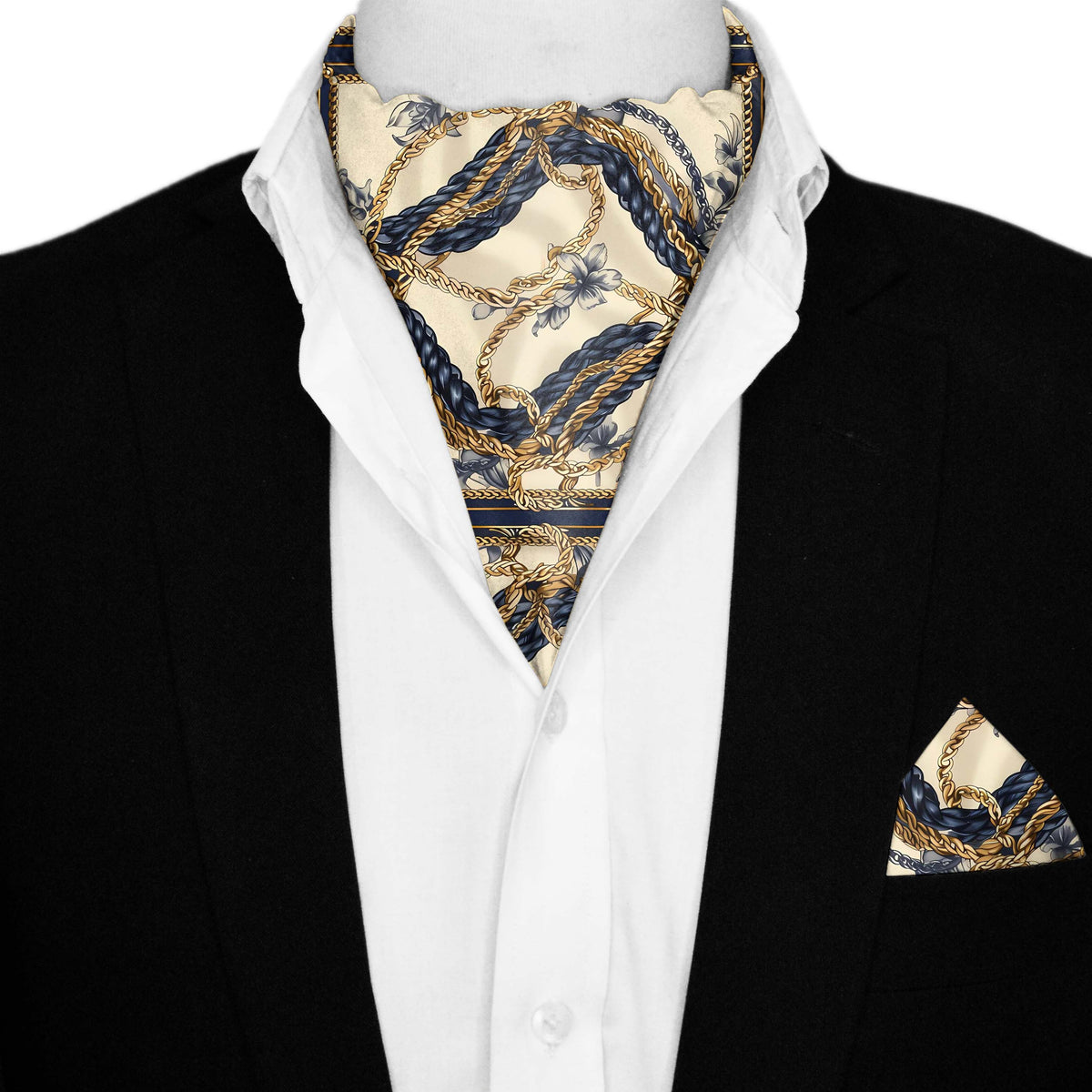 NEW BELT CHAIN SILK ASCOT AND POCKET SQUARE SET – PREMIUM COLLECTION