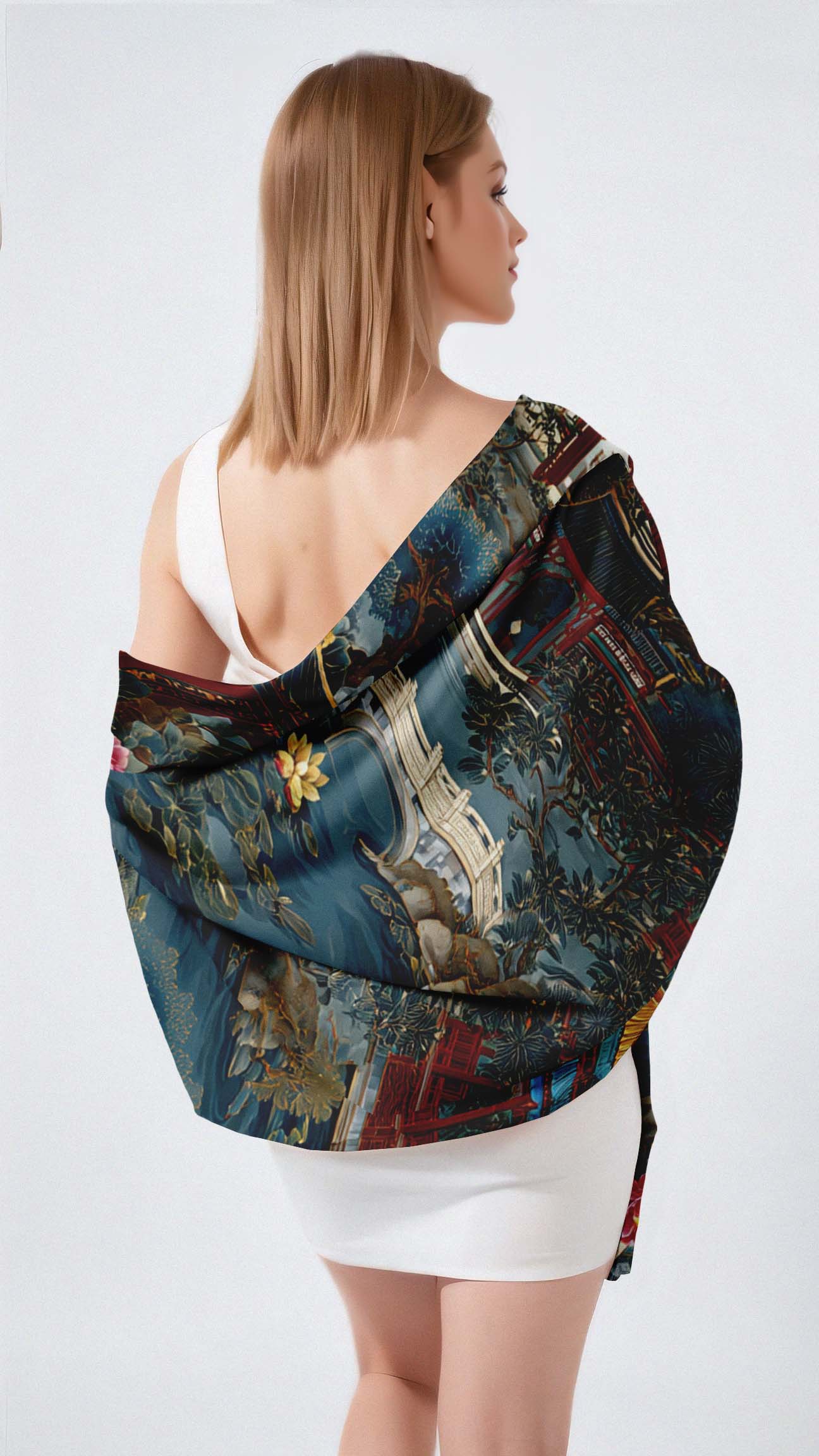 ROYAL LOTUS GARDEN SILK LONG LADIES SCARF