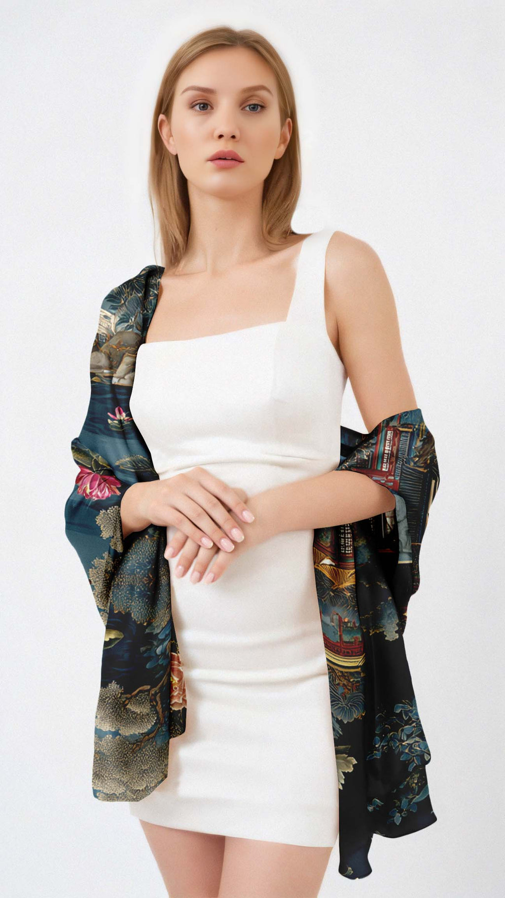 ROYAL LOTUS GARDEN SILK LONG LADIES SCARF