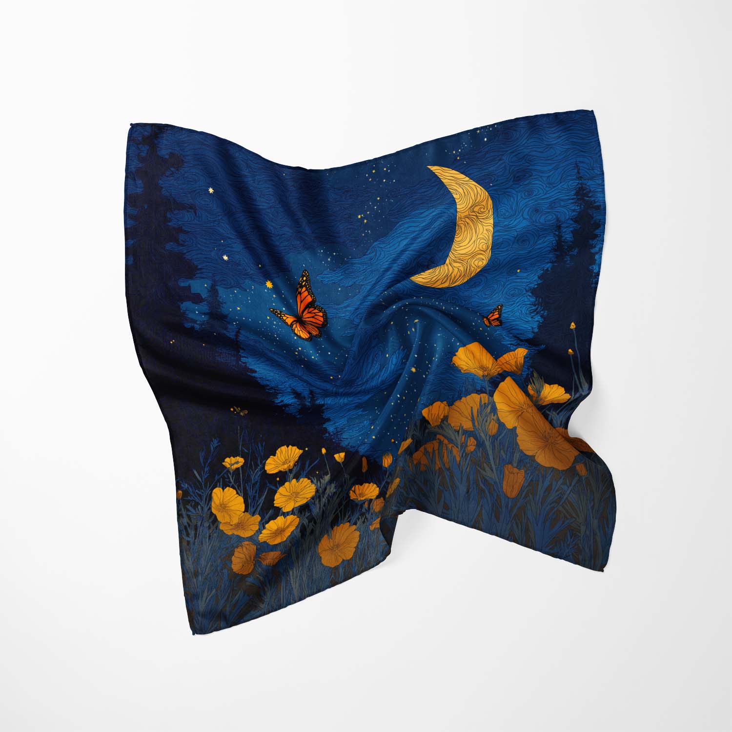 MIDNIGHT BUTTERFLY MEADOW SILK BANDANA