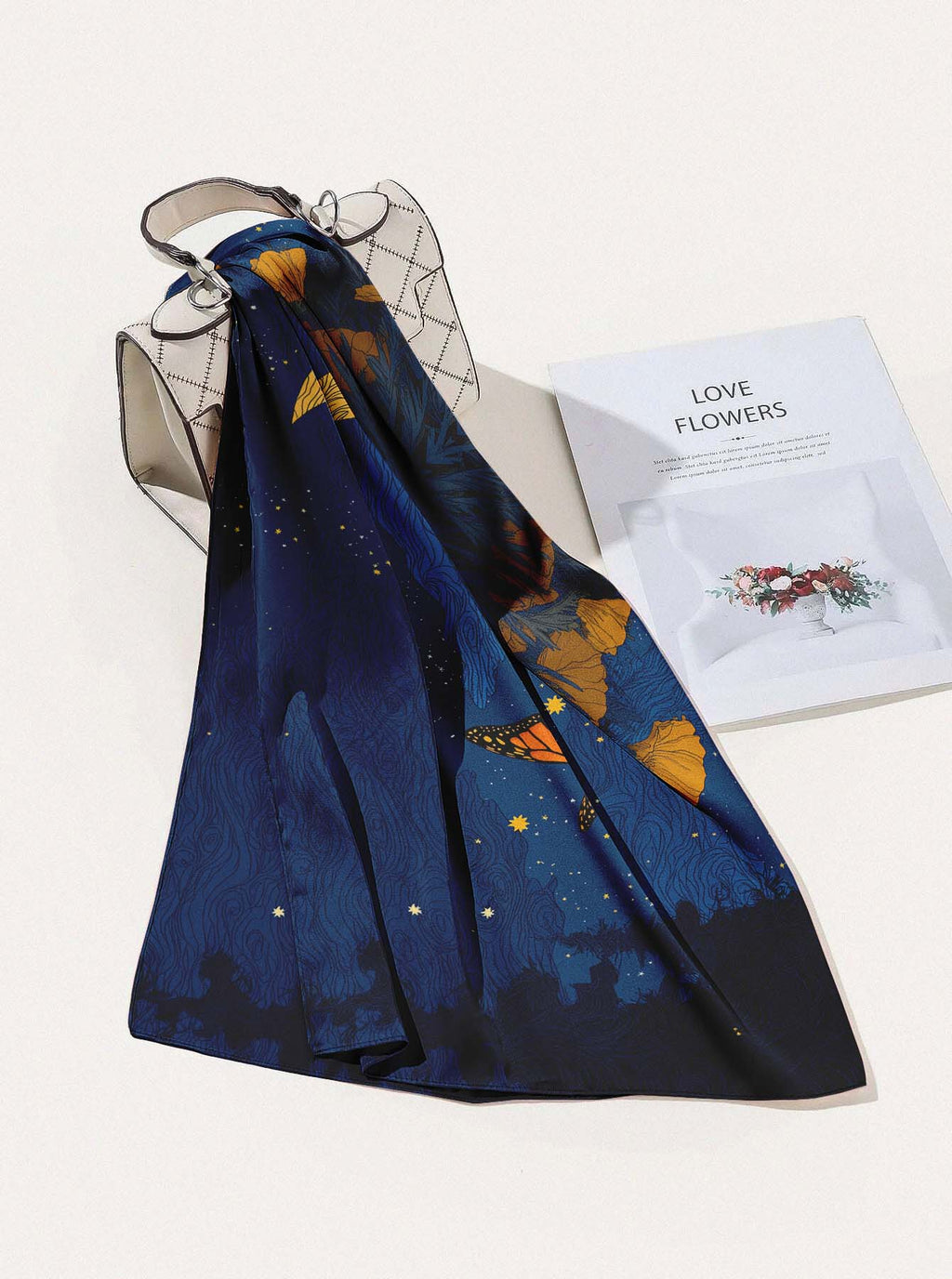 MIDNIGHT BUTTERFLY MEADOW SILK HEAD SCARF