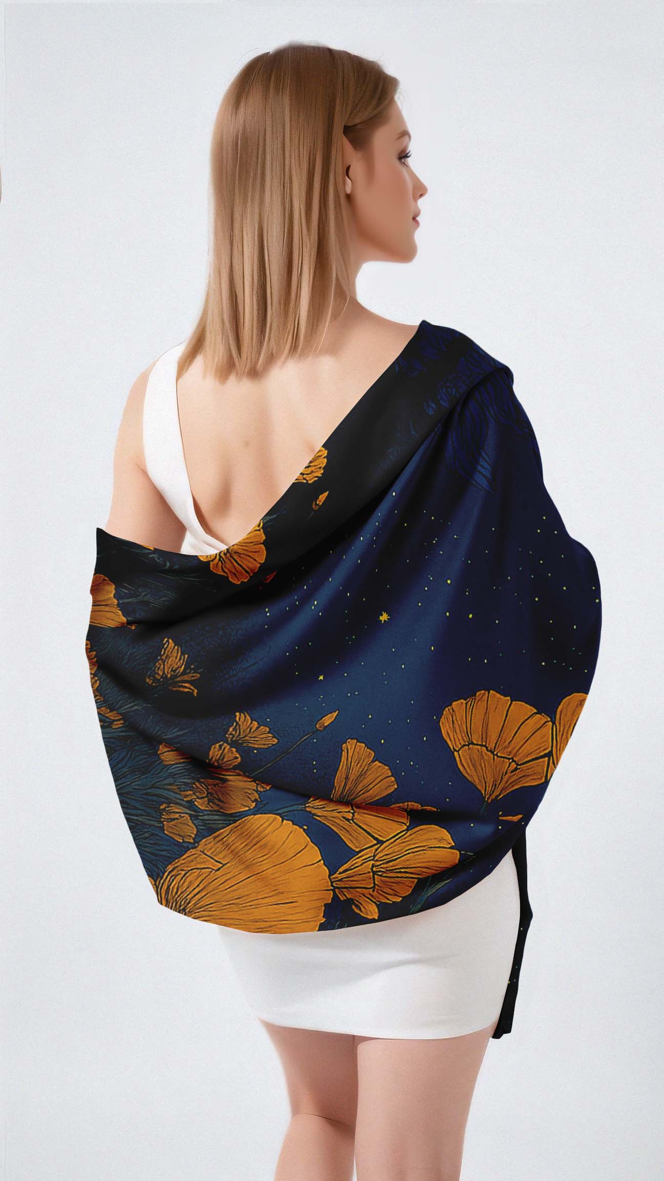 MIDNIGHT BUTTERFLY MEADOW SILK LONG LADIES SCARF