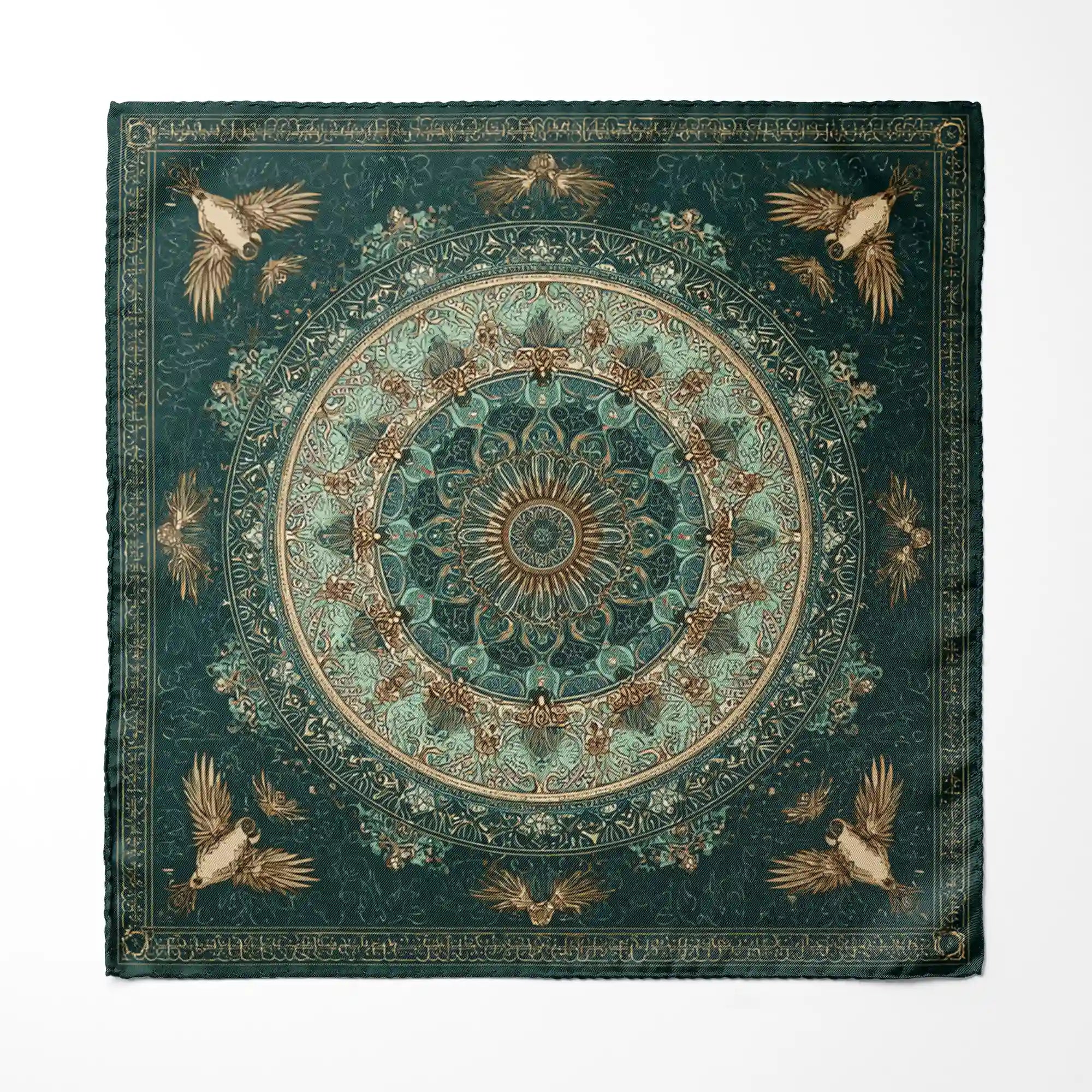Sophisticated pocket square in teal, sage green, and muted gold, featuring an intricate mandala centerpiece surrounded by delicate birds and arabesque detailing—evoking balance, tradition, and artistry.
