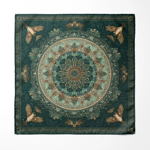 Sophisticated pocket square in teal, sage green, and muted gold, featuring an intricate mandala centerpiece surrounded by delicate birds and arabesque detailing—evoking balance, tradition, and artistry.