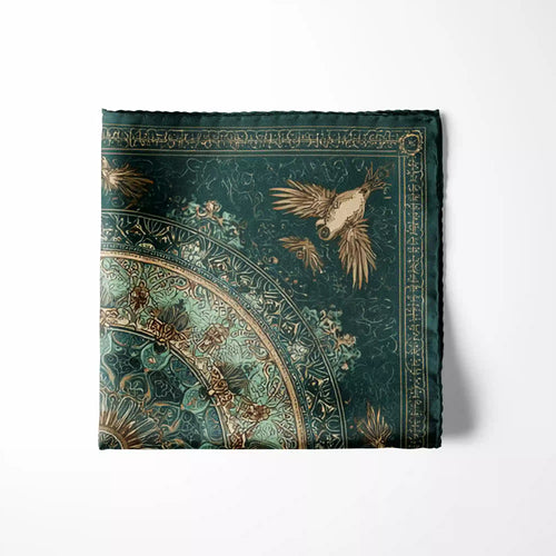 Sophisticated pocket square in teal, sage green, and muted gold, featuring an intricate mandala centerpiece surrounded by delicate birds and arabesque detailing—evoking balance, tradition, and artistry.