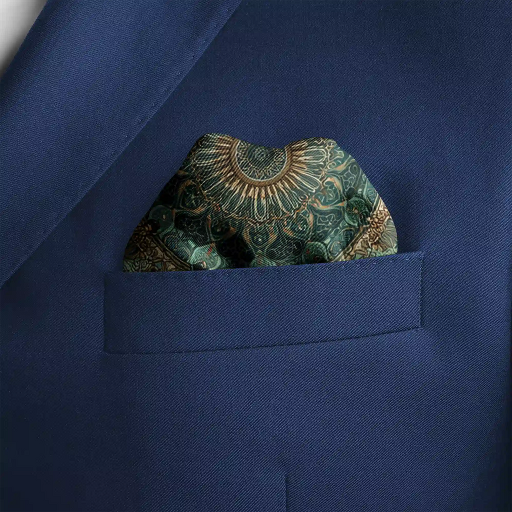 Sophisticated pocket square in teal, sage green, and muted gold, featuring an intricate mandala centerpiece surrounded by delicate birds and arabesque detailing—evoking balance, tradition, and artistry.