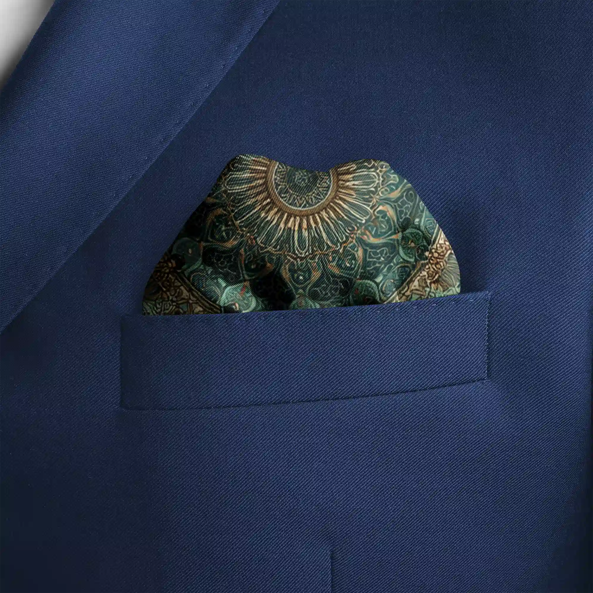Sophisticated pocket square in teal, sage green, and muted gold, featuring an intricate mandala centerpiece surrounded by delicate birds and arabesque detailing—evoking balance, tradition, and artistry.