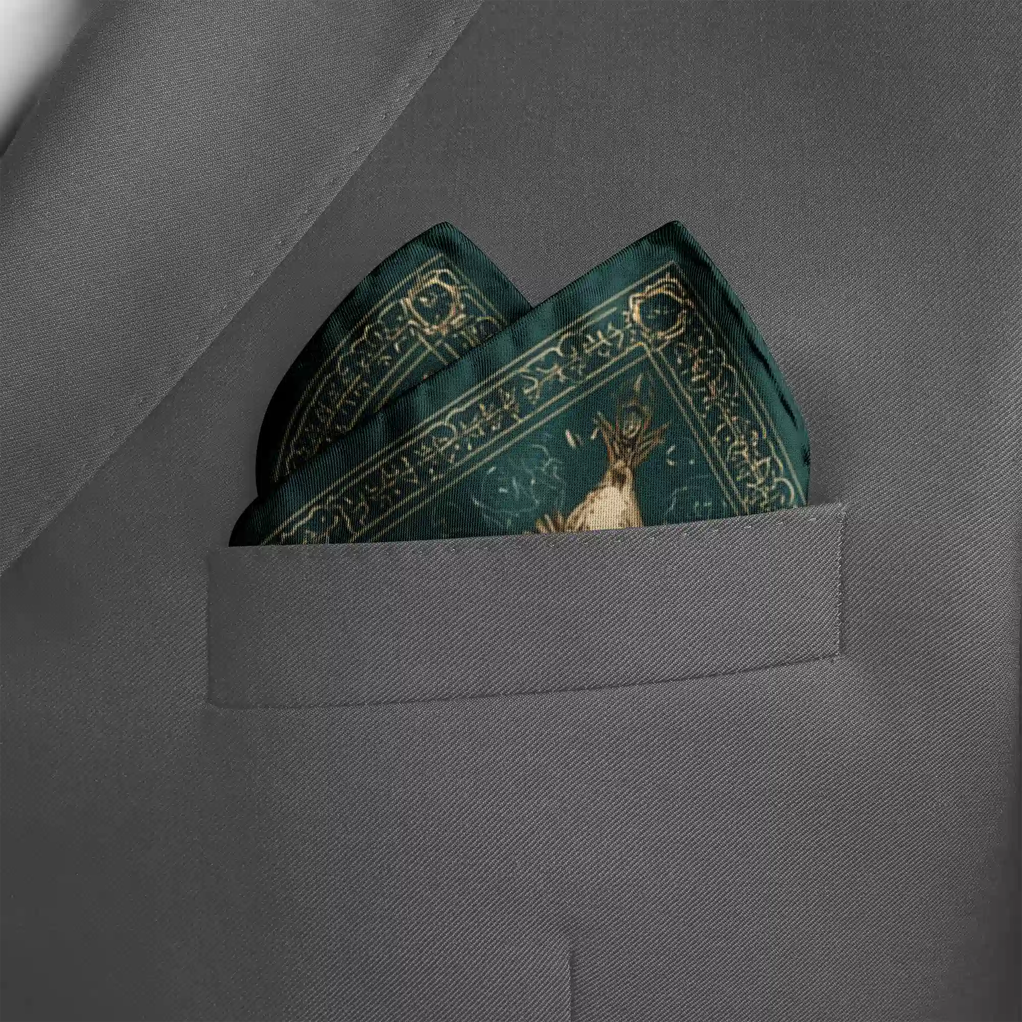 Sophisticated pocket square in teal, sage green, and muted gold, featuring an intricate mandala centerpiece surrounded by delicate birds and arabesque detailing—evoking balance, tradition, and artistry.