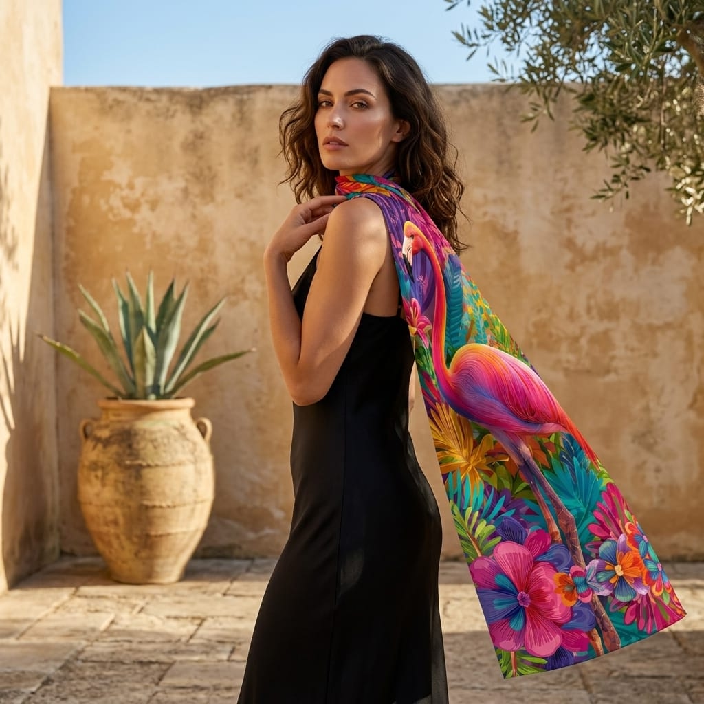 RAINBOW FLAMINGO SILK LONG LADIES SCARF
