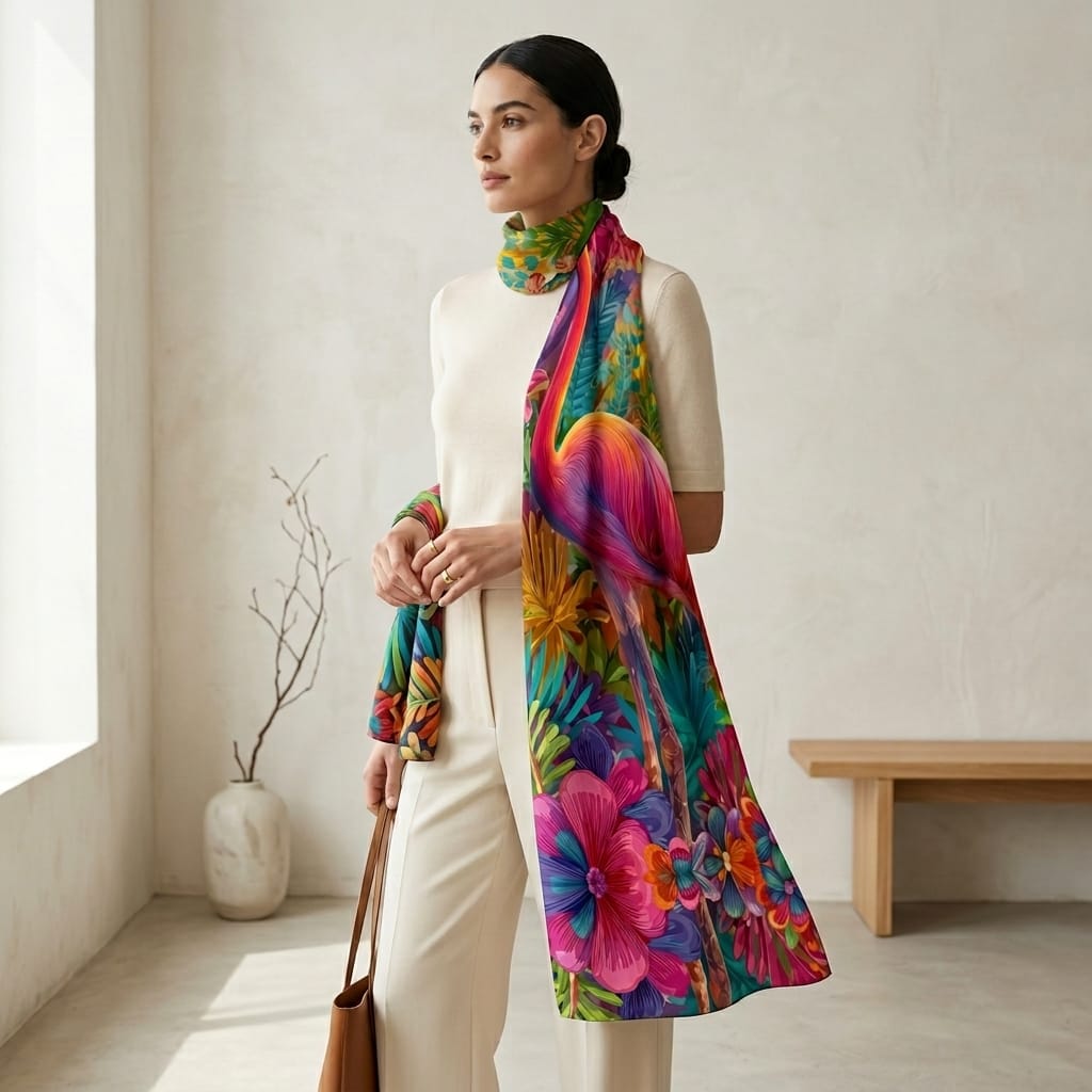 RAINBOW FLAMINGO SILK LONG LADIES SCARF