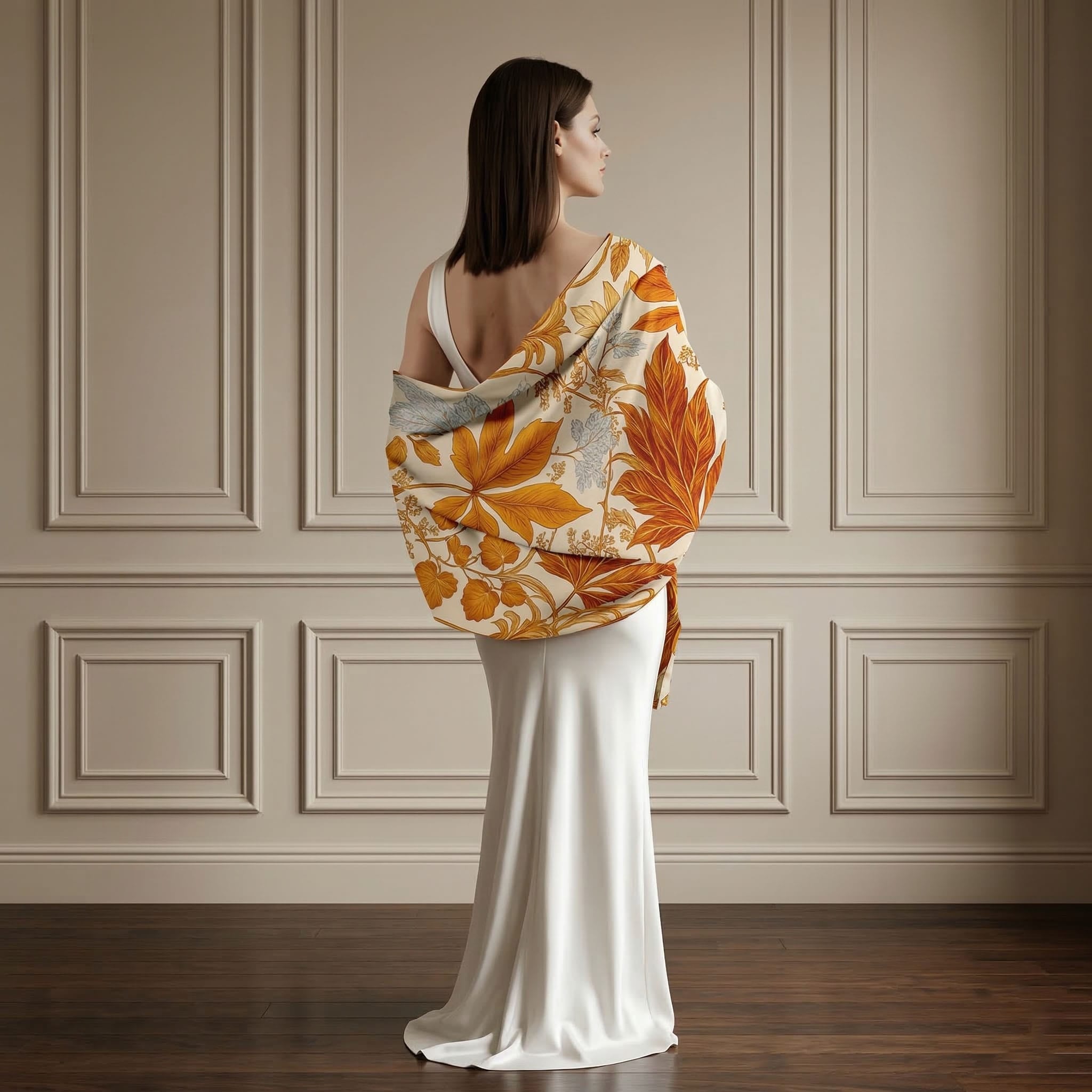 GOLDEN FOLIAGE SILK LONG LADIES SCARF