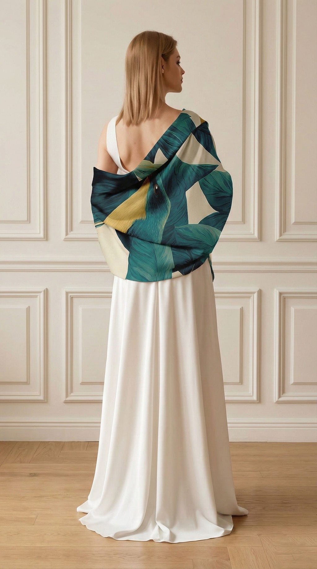 TURQUOISE BOTANICAL SILK LONG LADIES SCARF