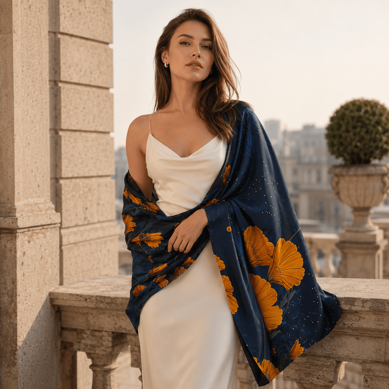 MIDNIGHT BUTTERFLY MEADOW SILK LONG LADIES SCARF
