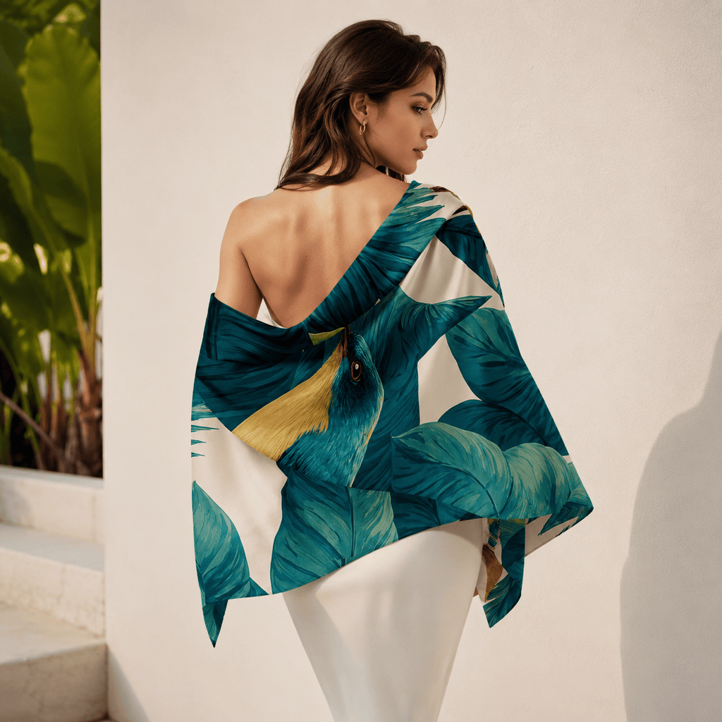 TURQUOISE BOTANICAL SILK LONG LADIES SCARF