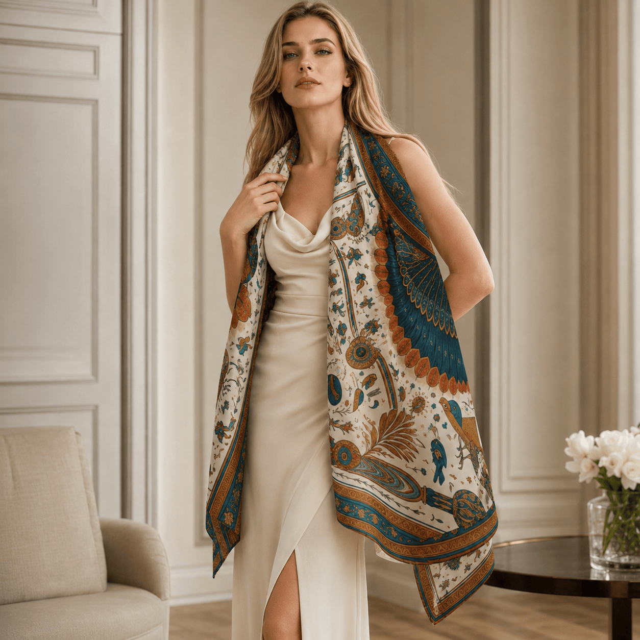 EGYPTIAN EAGLE SILK LONG LADIES SCARF