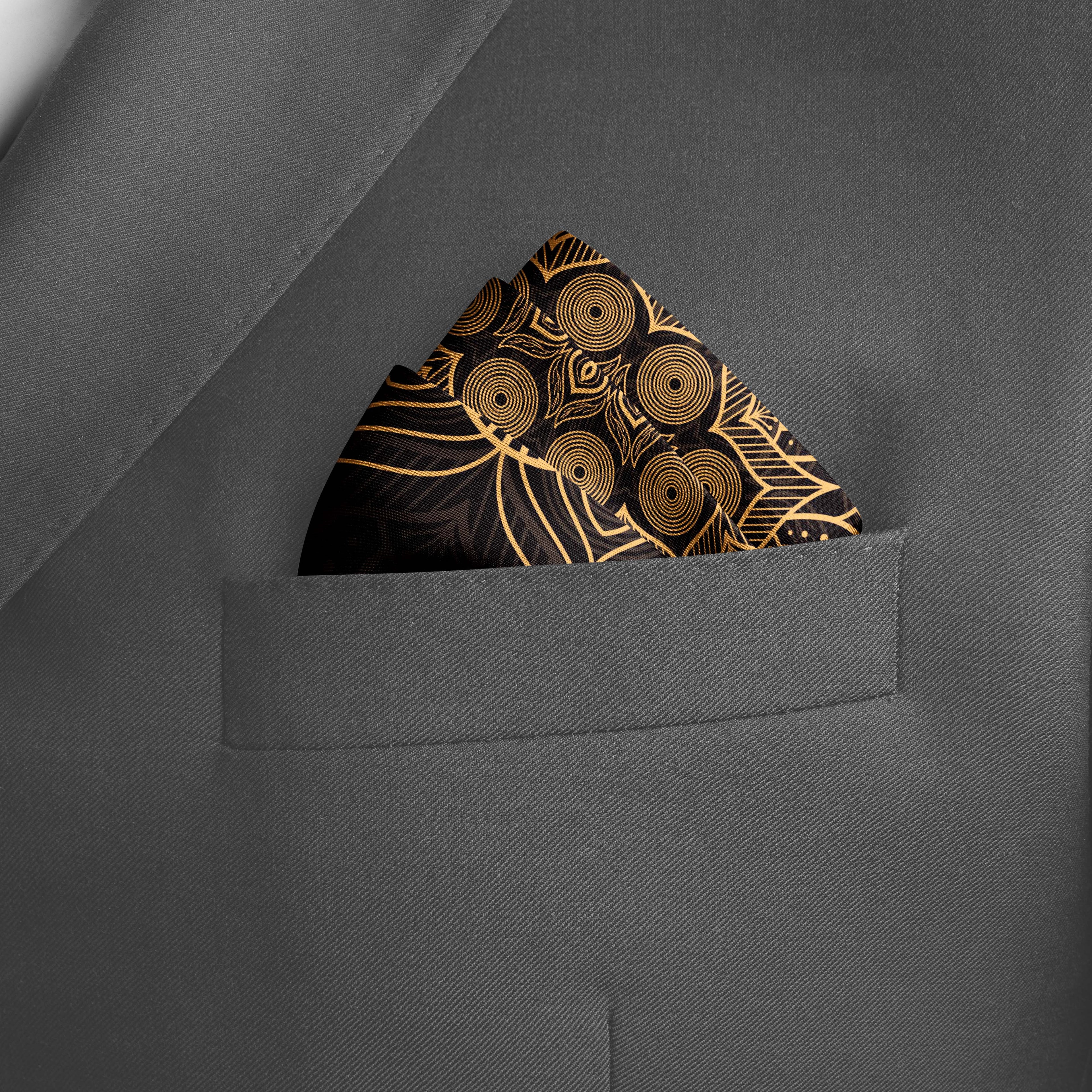 BLACK  AND GOLD ORNAMENT SILK POCKET SQUARE