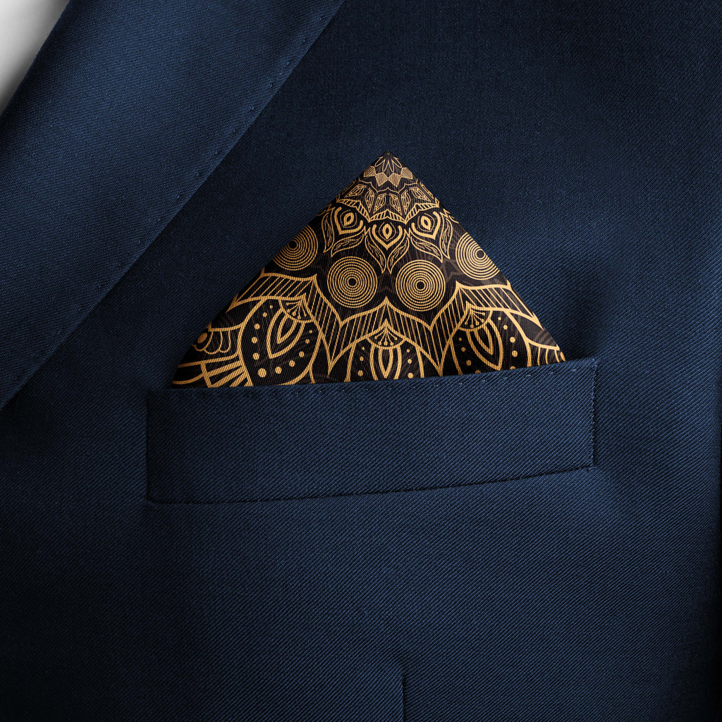 BLACK  AND GOLD ORNAMENT SILK POCKET SQUARE