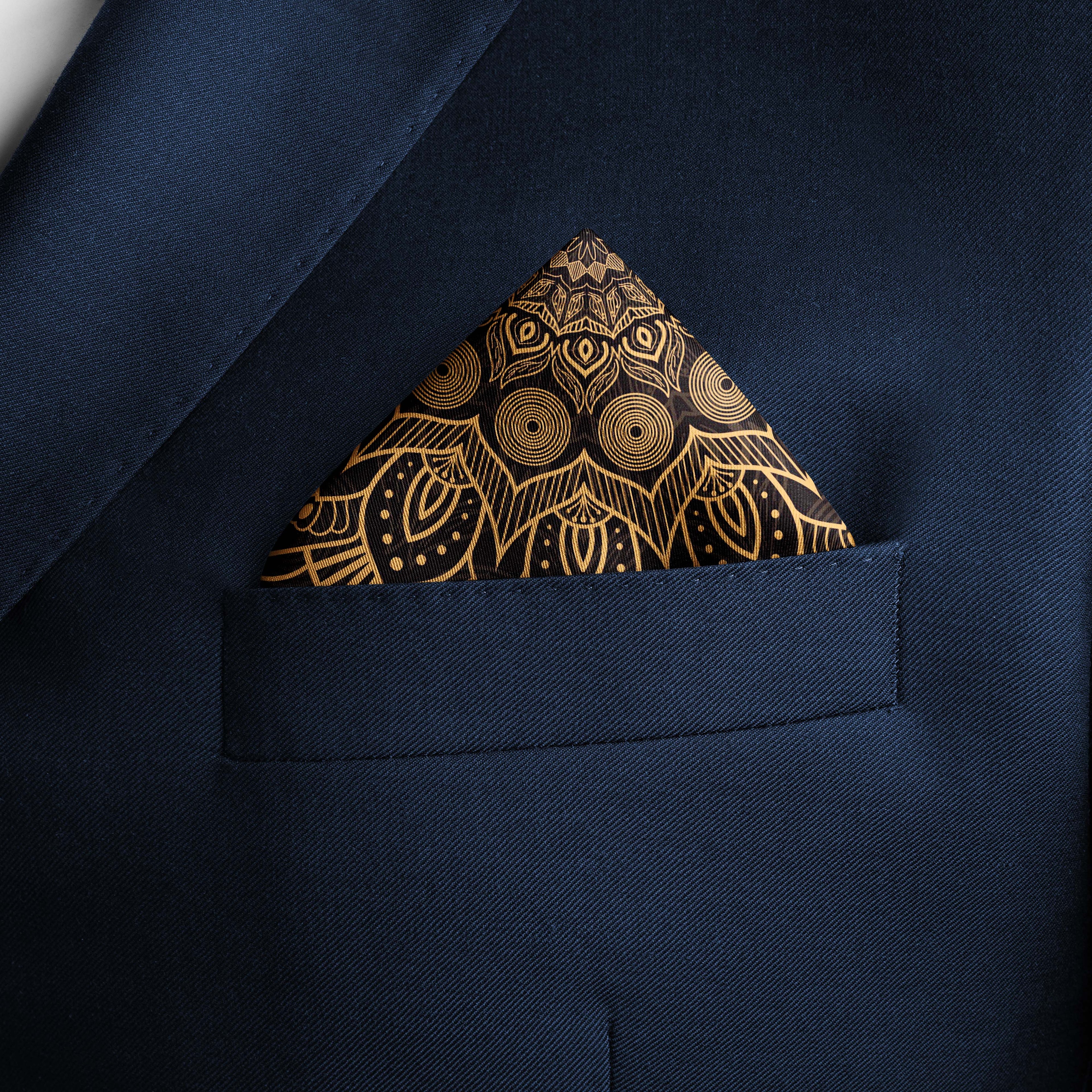 BLACK  AND GOLD ORNAMENT SILK POCKET SQUARE