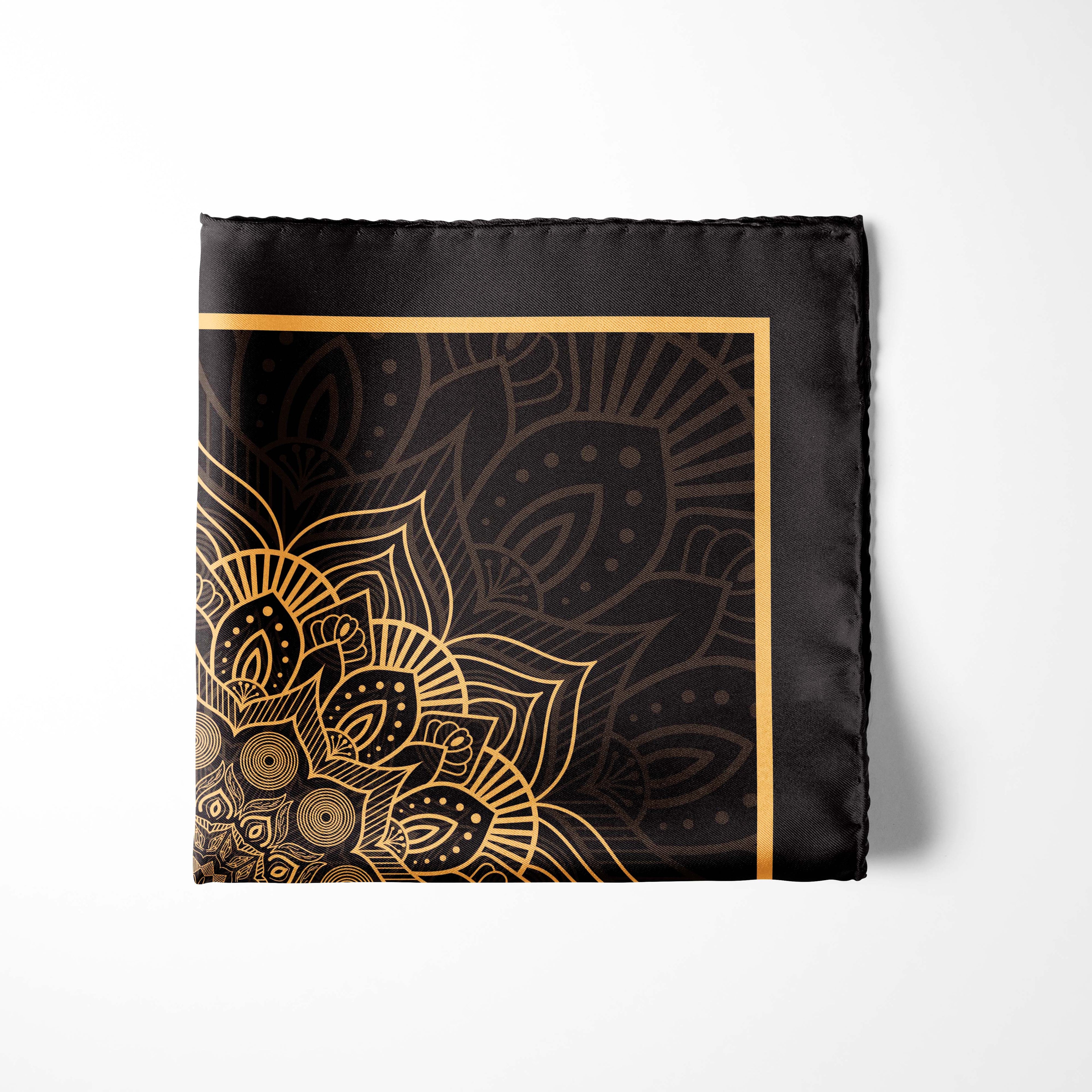 BLACK  AND GOLD ORNAMENT SILK POCKET SQUARE