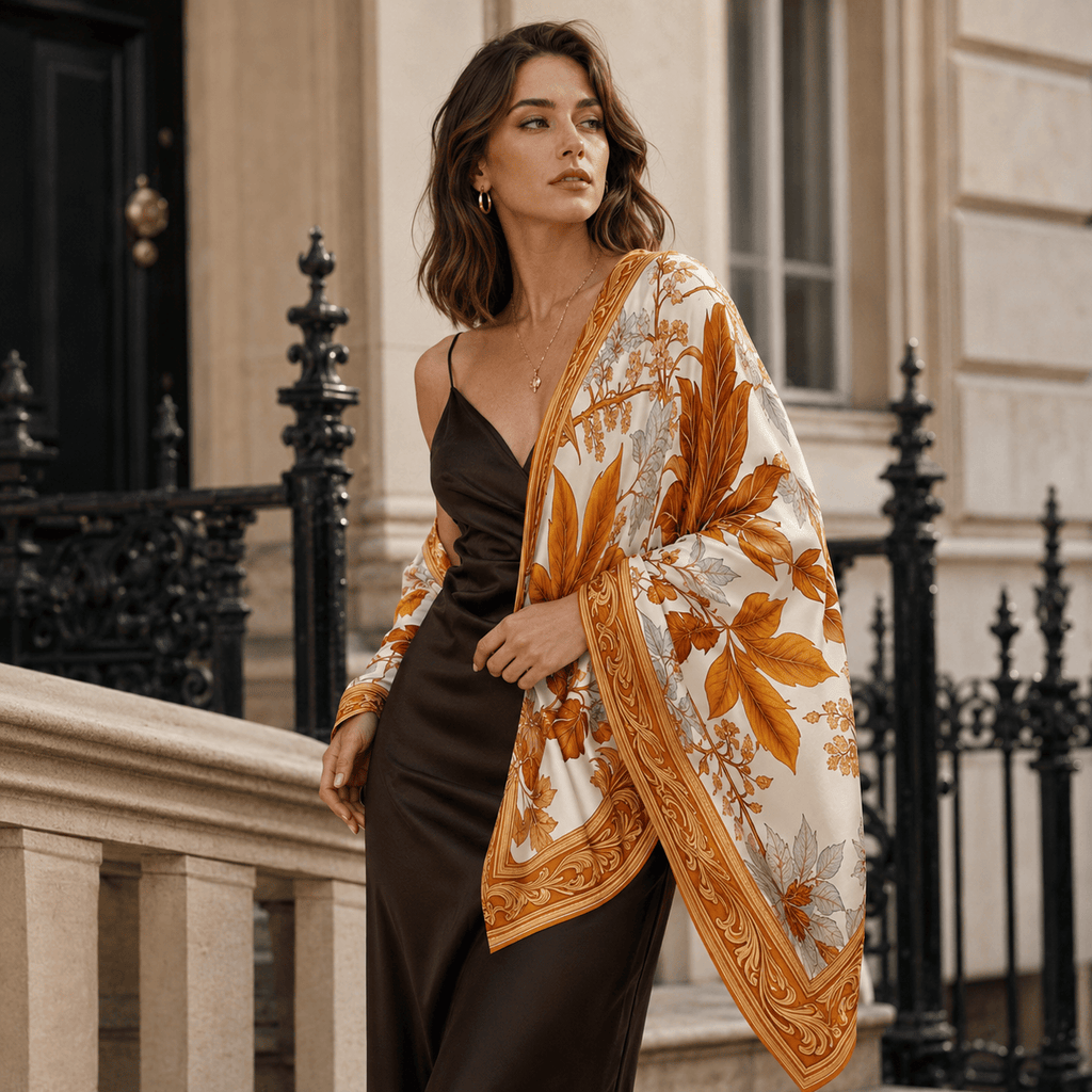GOLDEN FOLIAGE SILK LONG LADIES SCARF